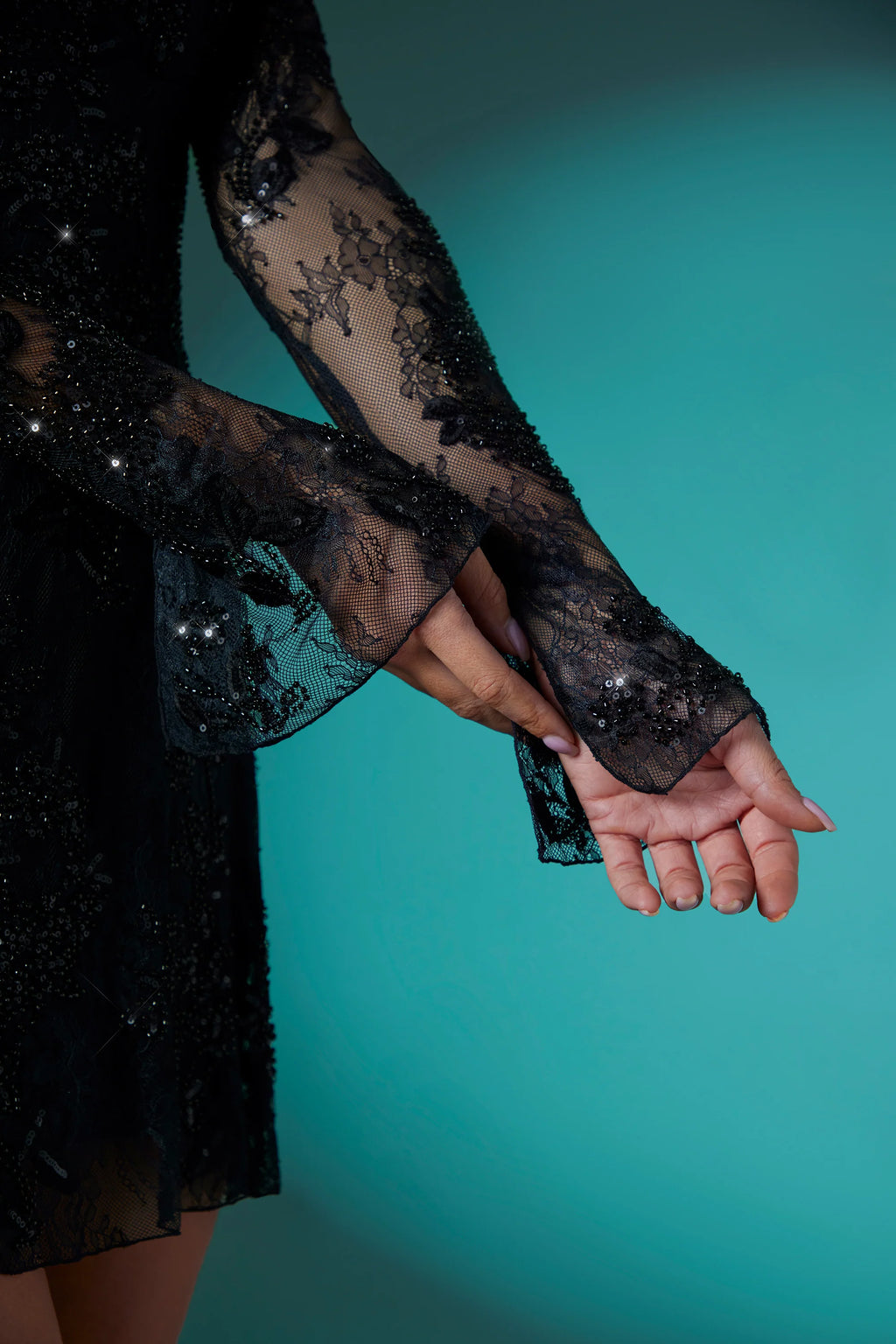 Long Sleeve Embellished Lace Shrug in Black