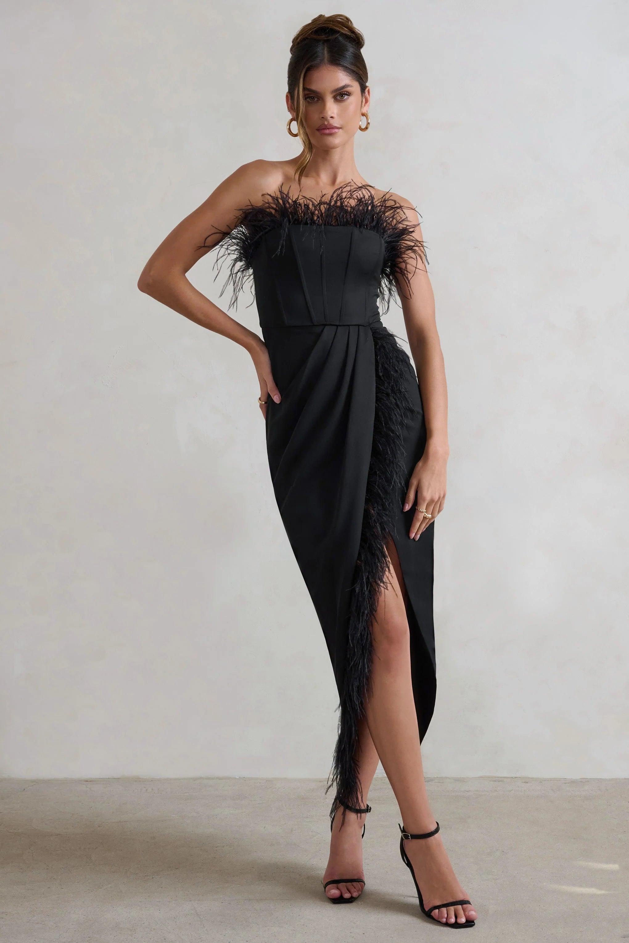 Cosmo | Black Bandeau Corset Midi Dress With Feather Trim