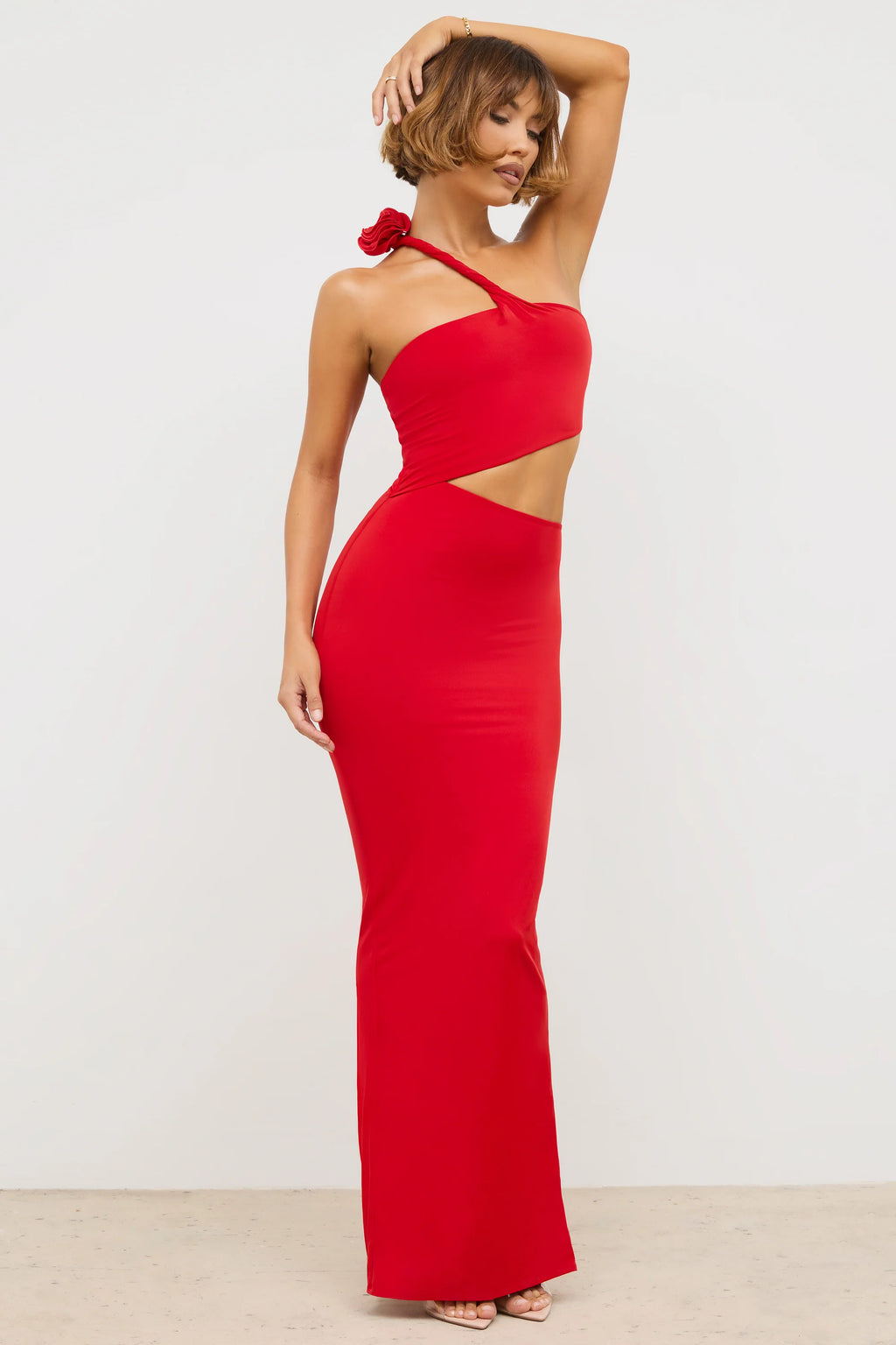 Premium Jersey Asymmetric Cut Out Maxi Dress  in Scarlet Red