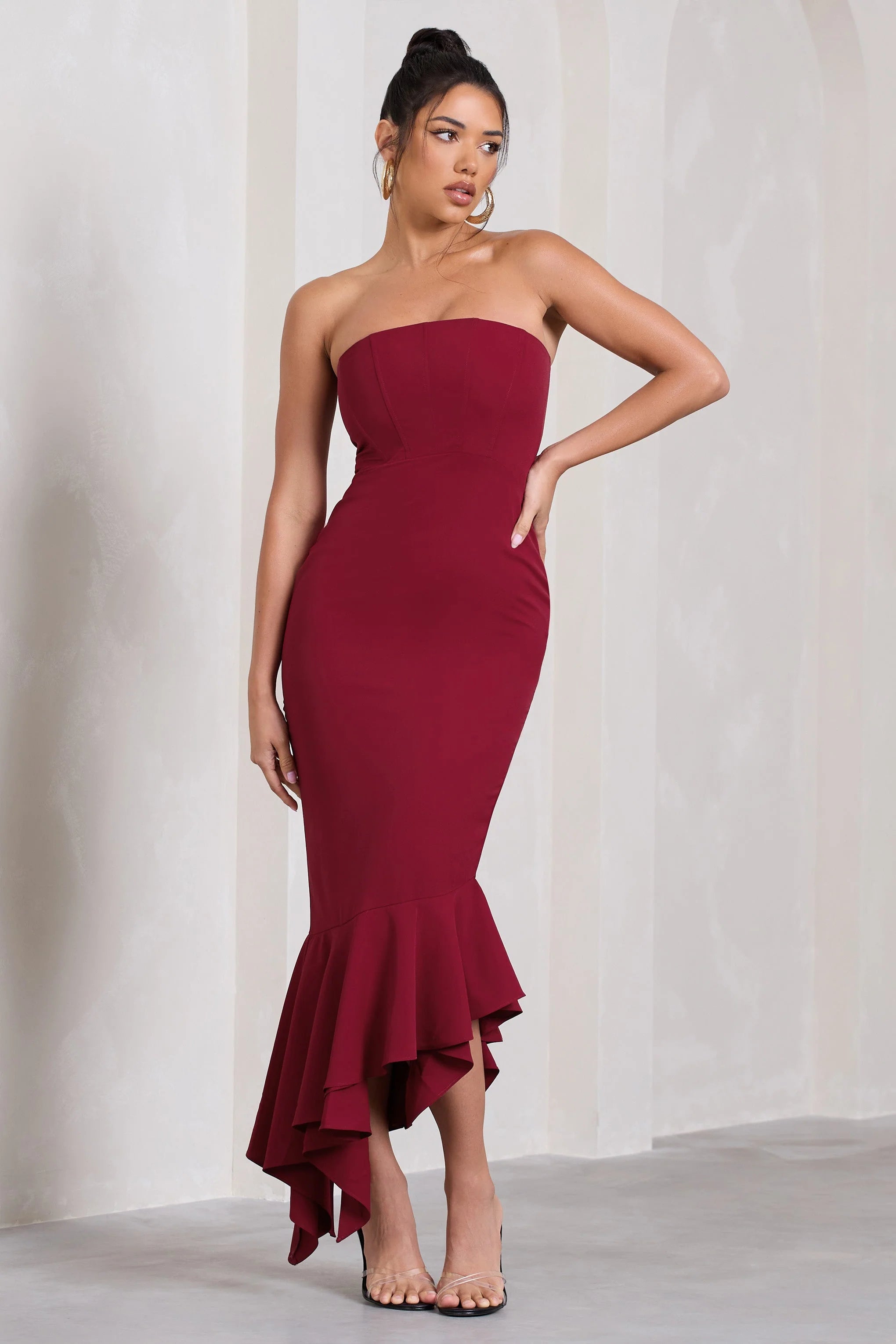 Sandy | Berry Strapless Corset Asymmetric Maxi Dress