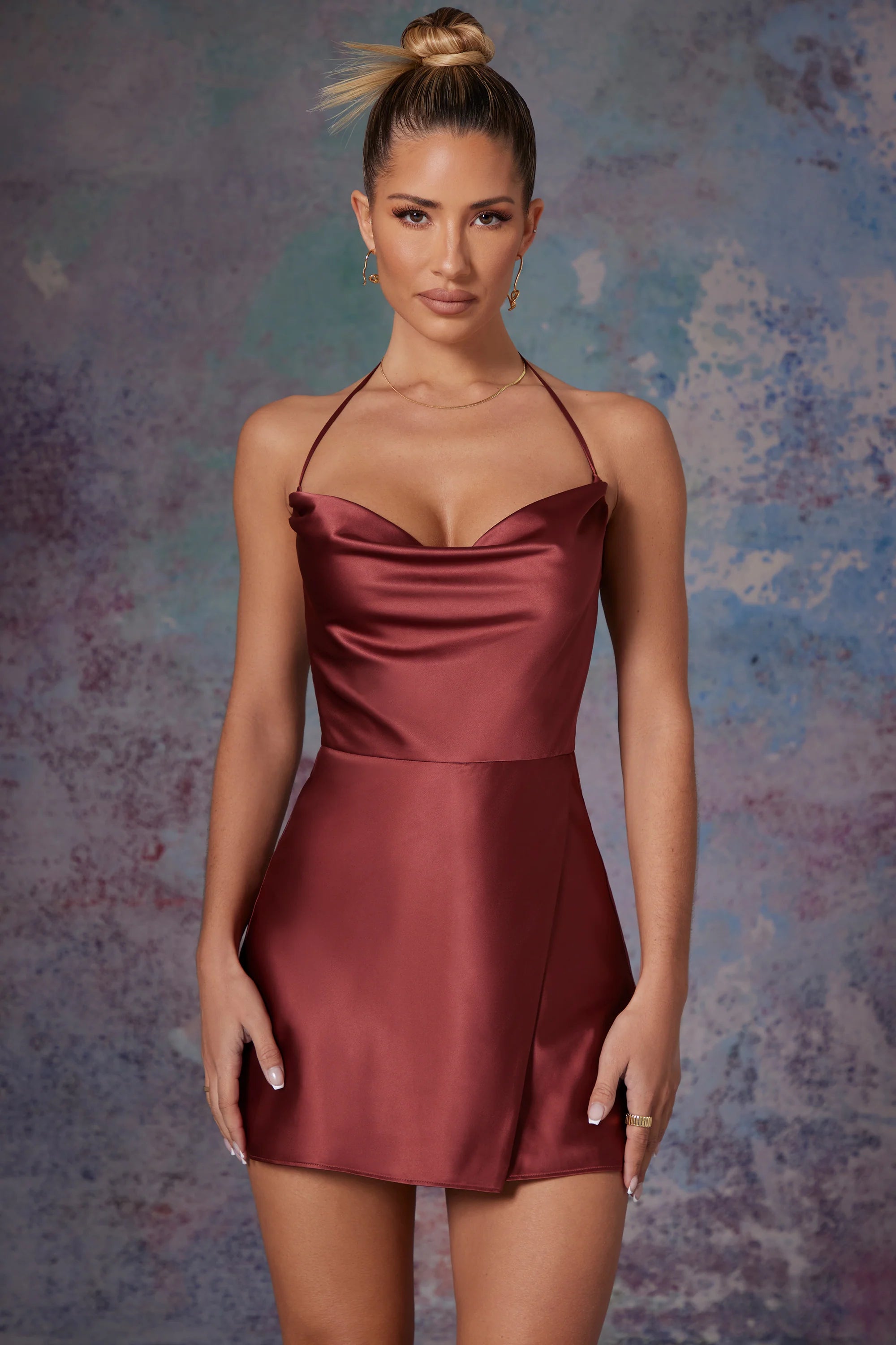 Cowl Front Wrap Over Mini Dress in Brick
