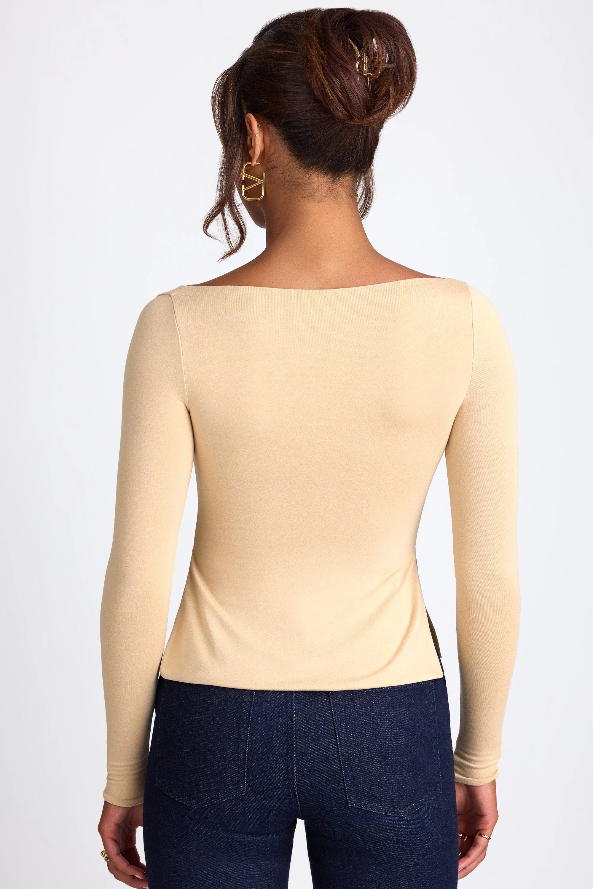 Modal Sweetheart Neckline Long Sleeve Top in Sand