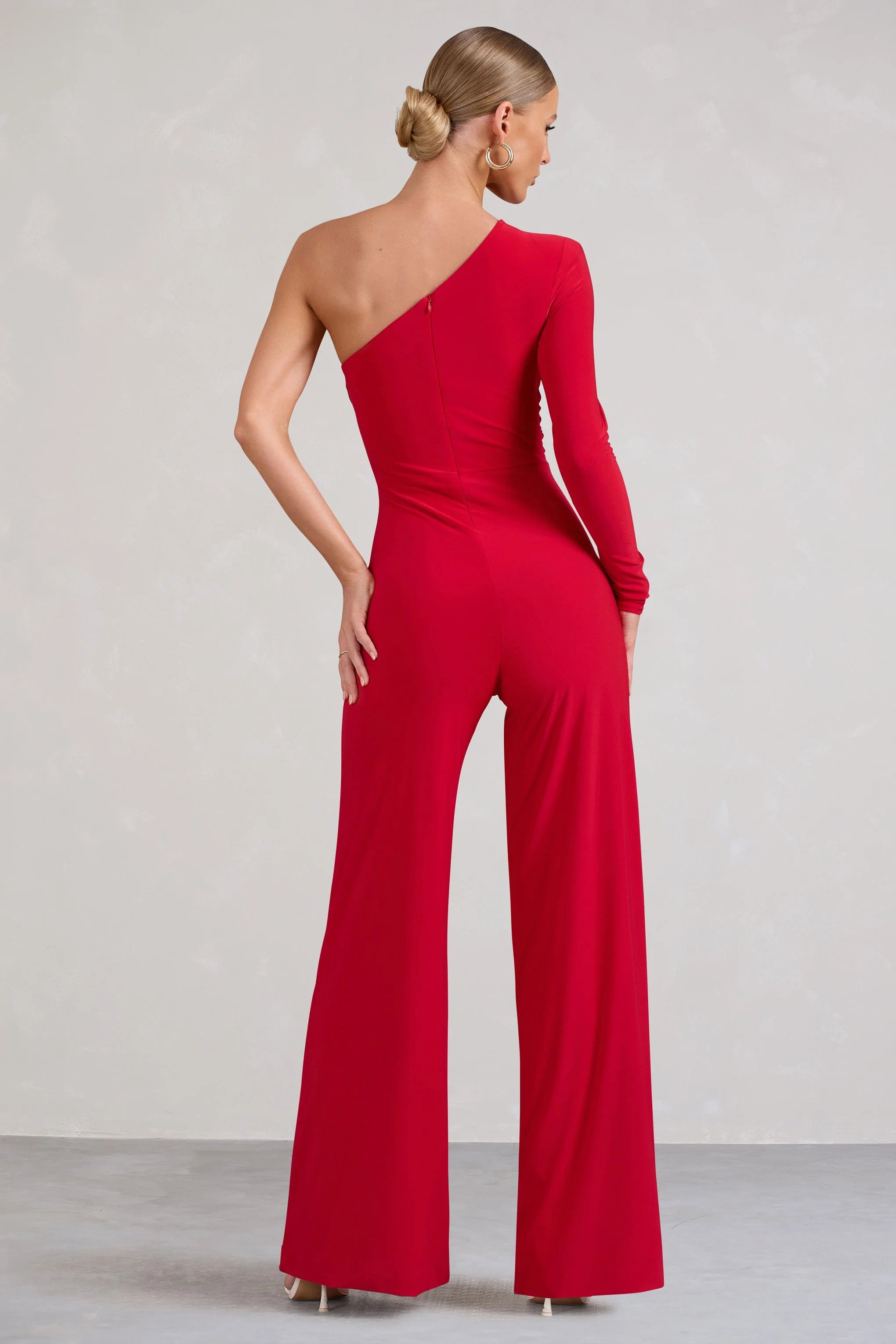 Mila | Red One Shoulder Ruched Wide Leg Jumpsuit