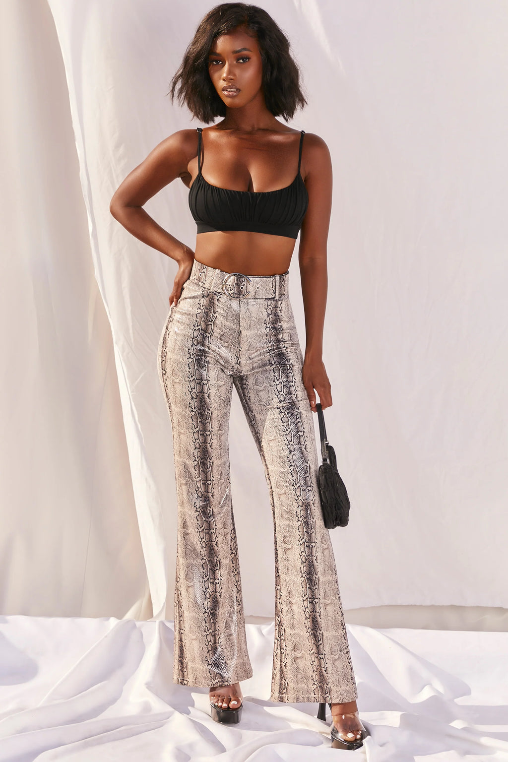 Drive ‘Em Wild High Waisted Wide Leg Trousers in Grey Snake Print