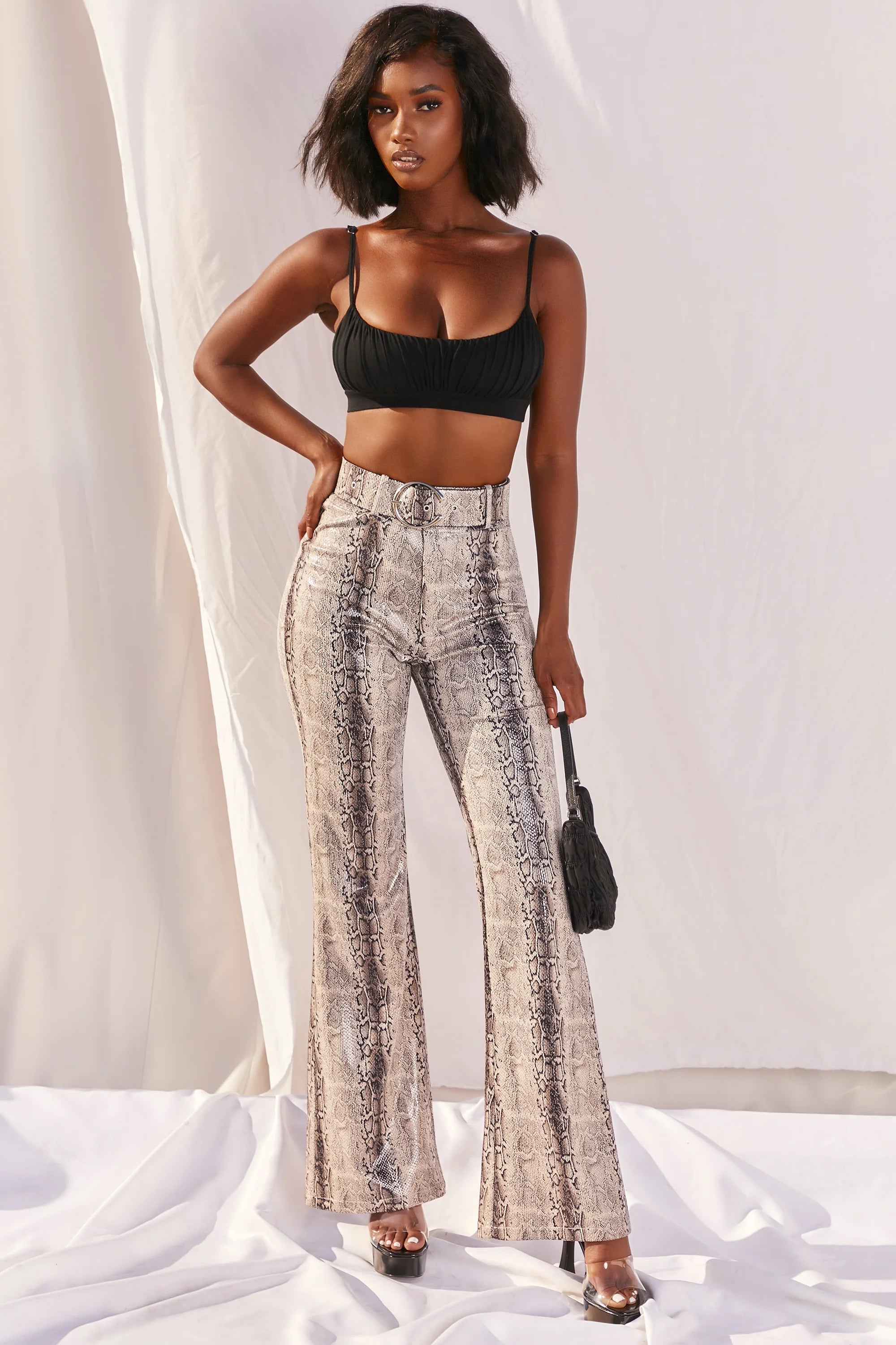 Drive ‘Em Wild High Waisted Wide Leg Trousers in Grey Snake Print