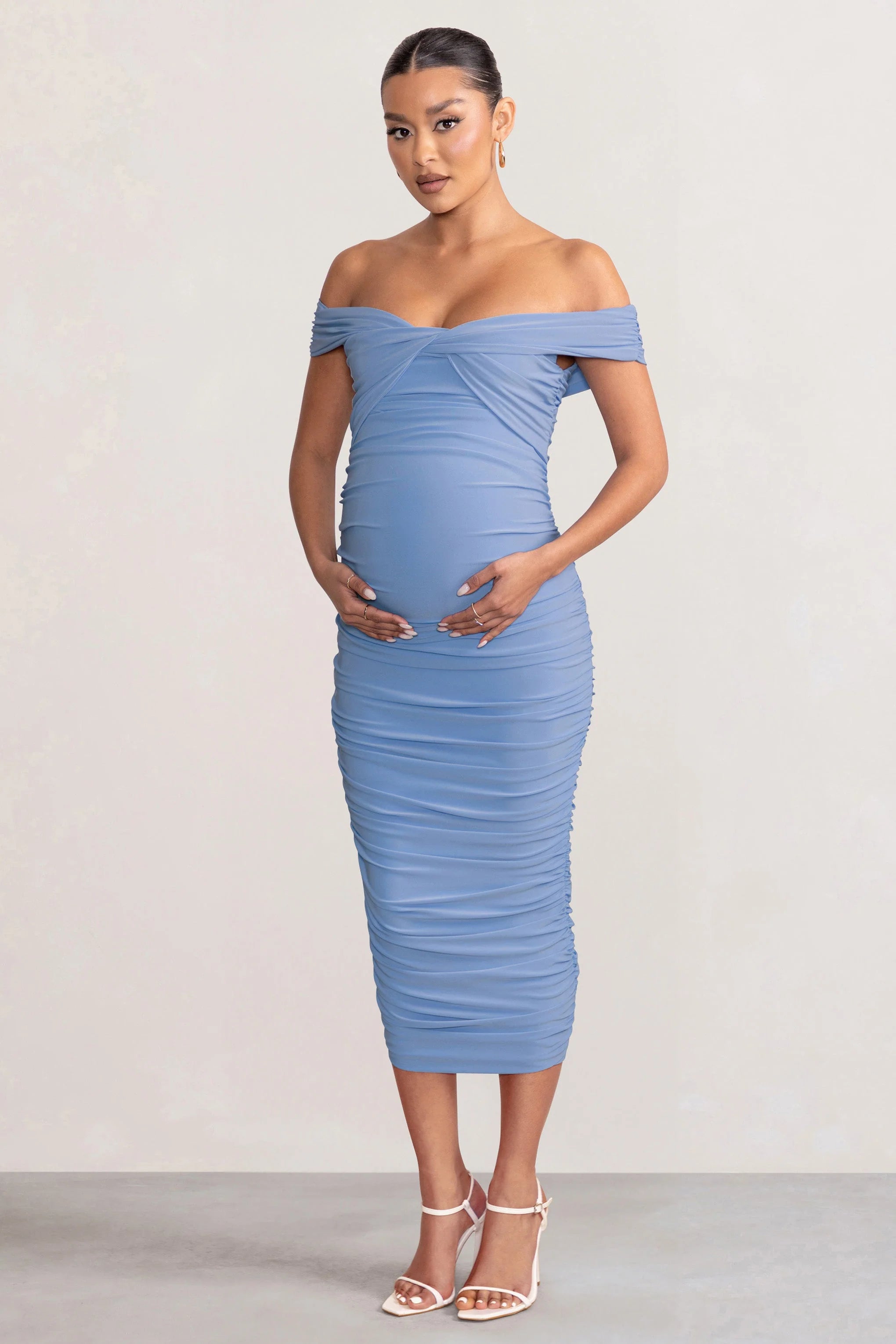 Perfection | Powder Blue Maternity Bardot Knot Ruched Midi Dress