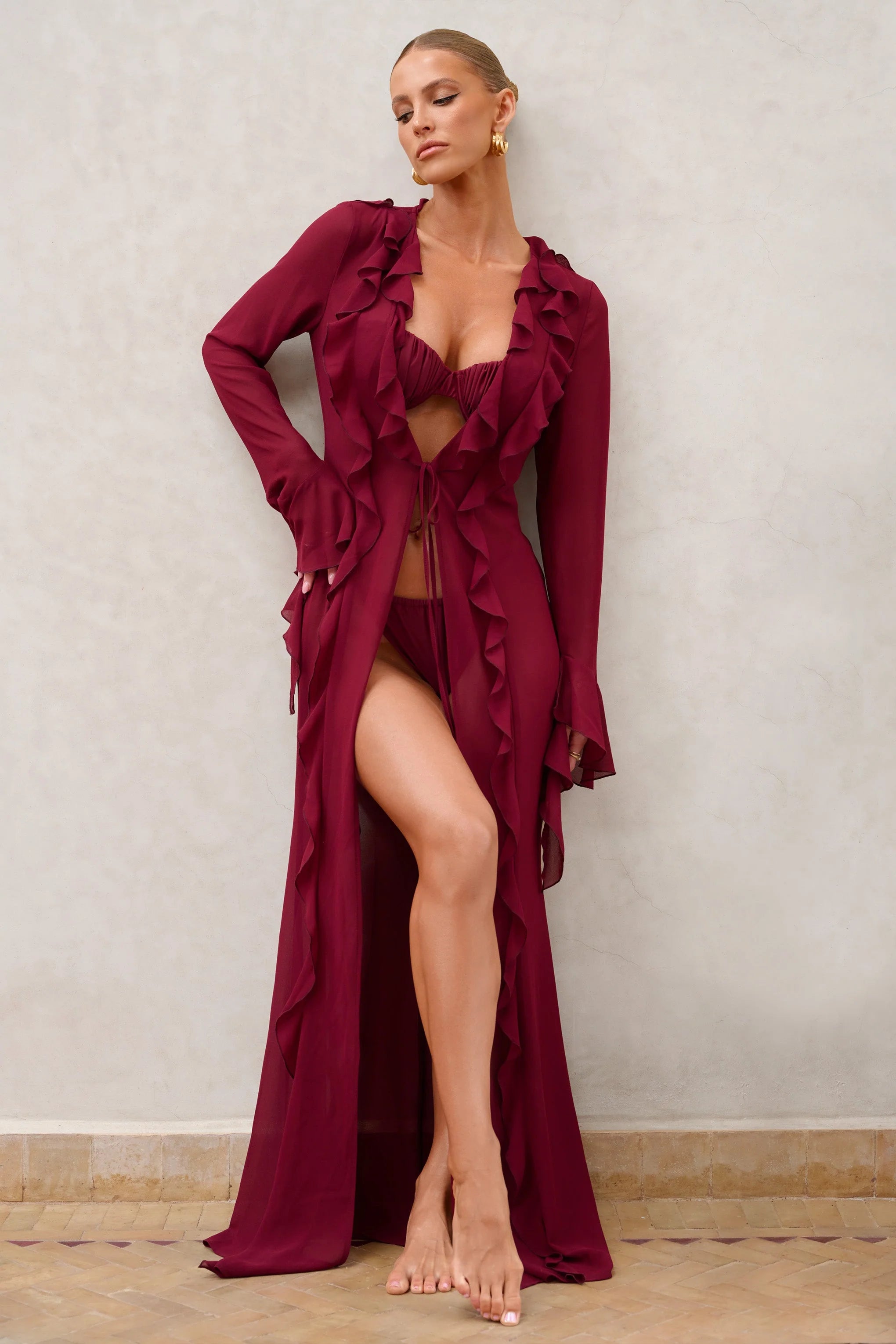 Cascades | Burgundy Long Sleeve Maxi Chiffon Ruffle Cover Up