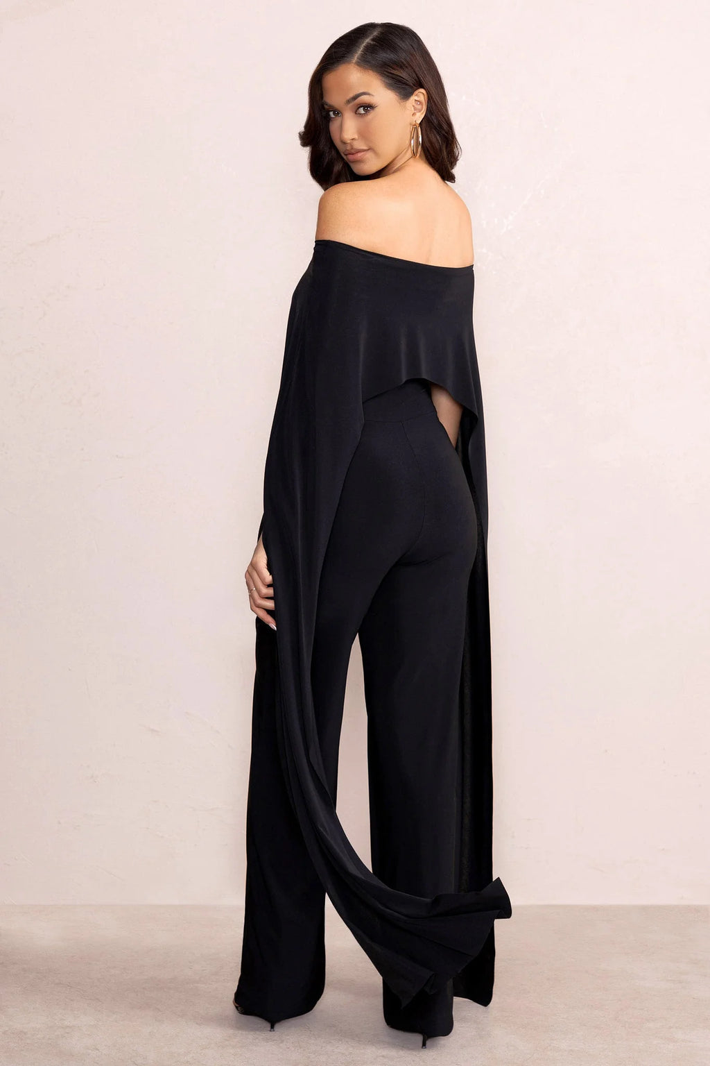 Mayara | Black Bardot Cape Sleeve Jumpsuit