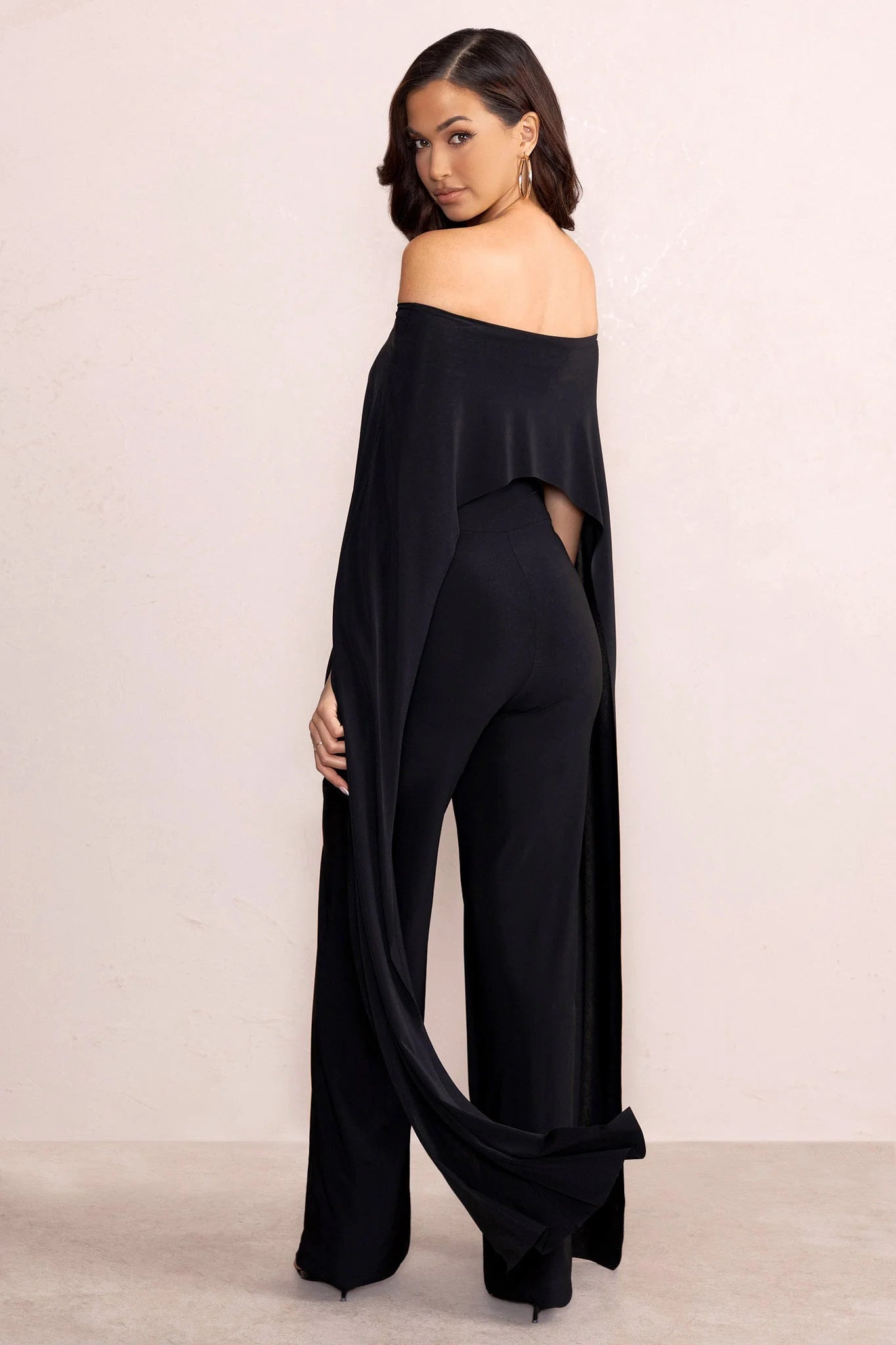 Mayara | Black Bardot Cape Sleeve Jumpsuit