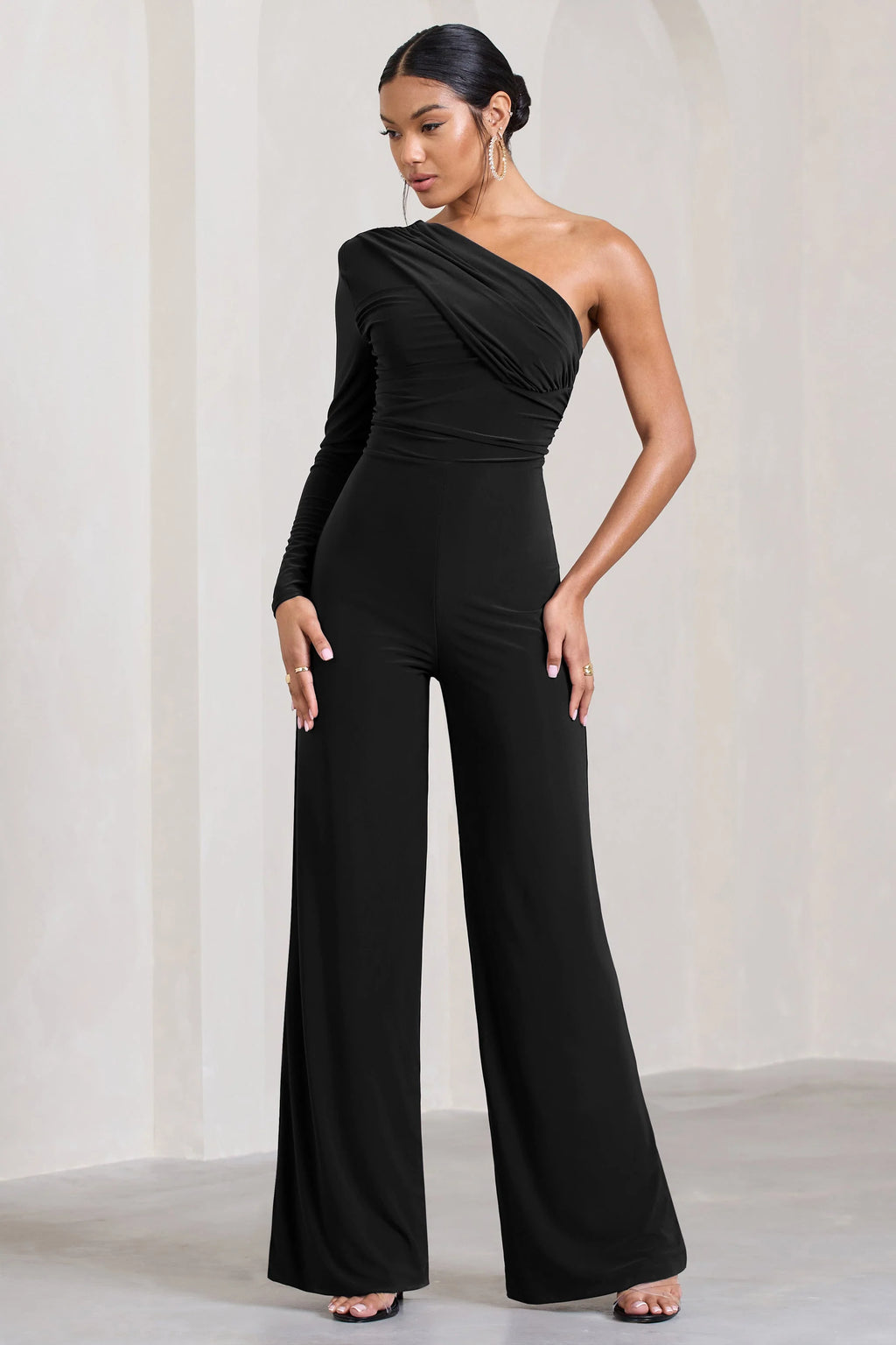 Mila | Black One Shoulder Ruched Wide Leg Jumpsuit