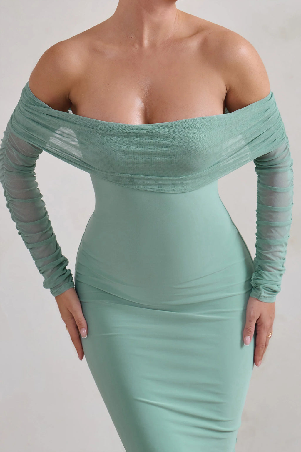 Only You | Sage Ruched Mesh Bardot Midi Dress