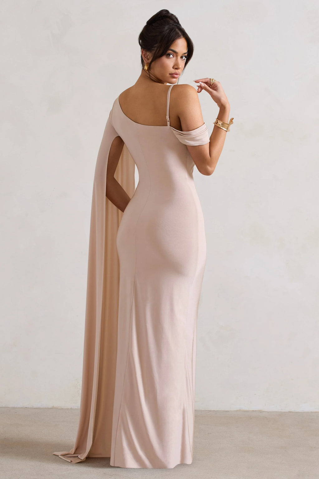 Pedra | Champagne Asymmetric Draped Maxi Dress With Sash