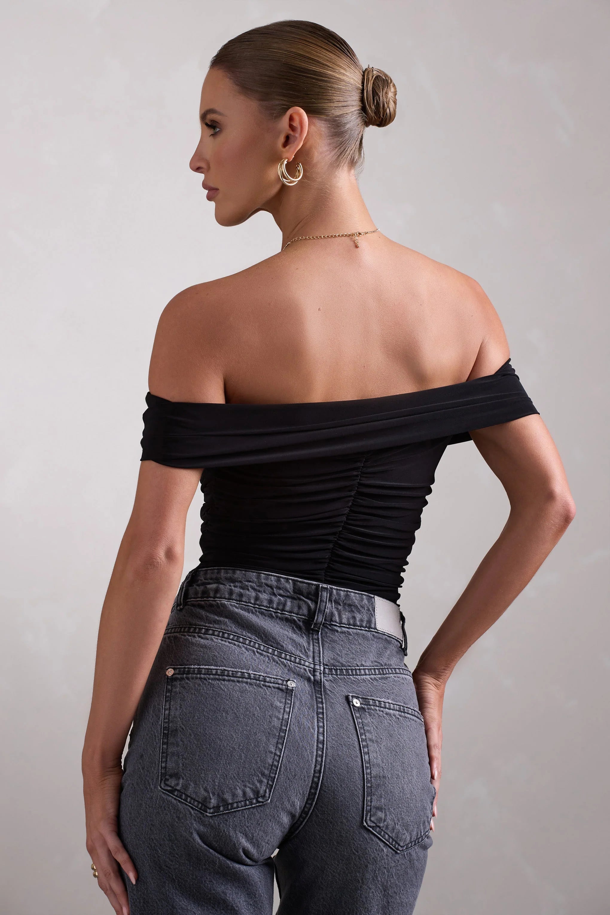 Ronnie | Black Off The Shoulder Ruched Bodysuit