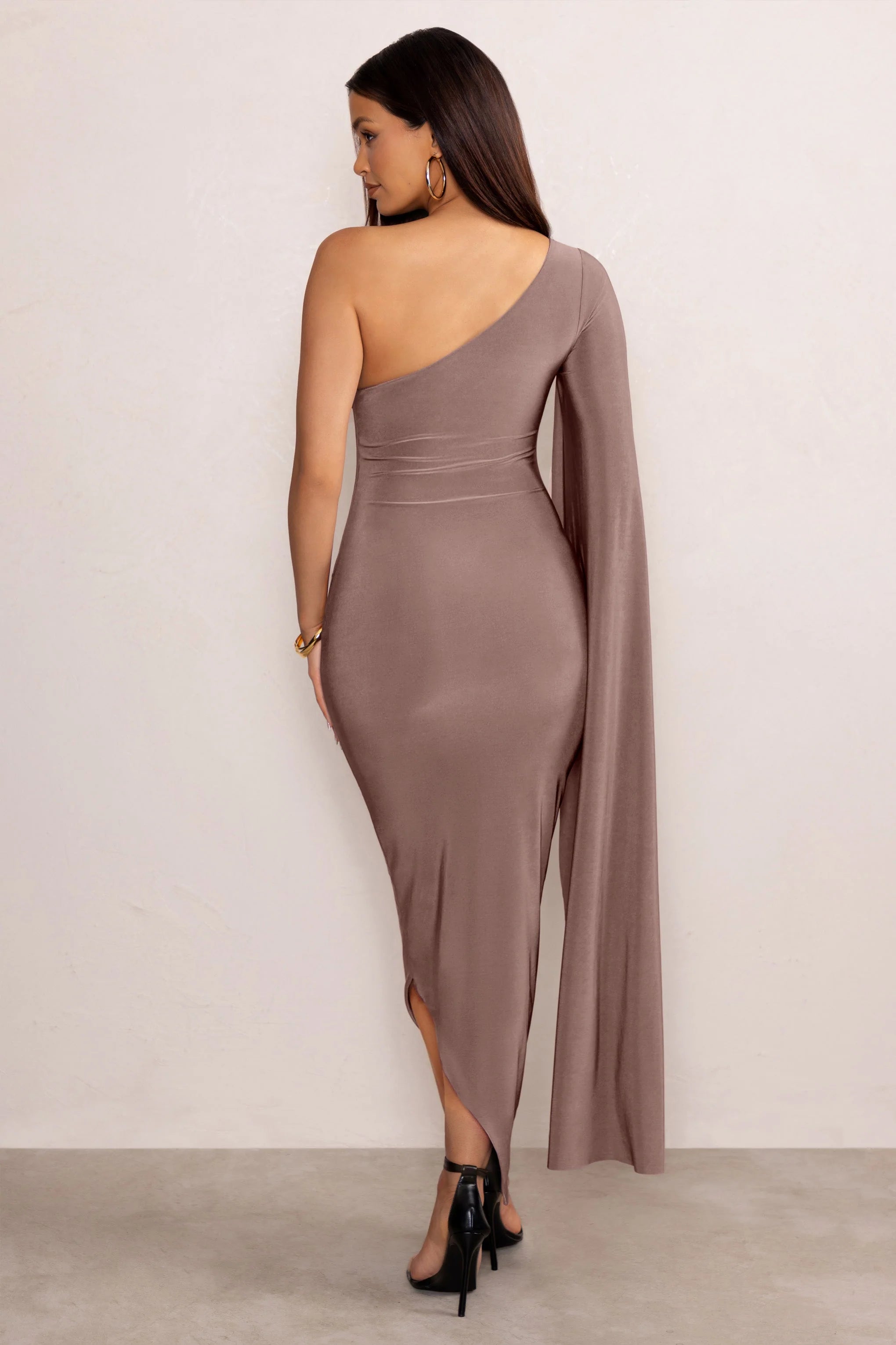 Aliana | Mocha Asymmetric Midi Dress with Cape Sleeve