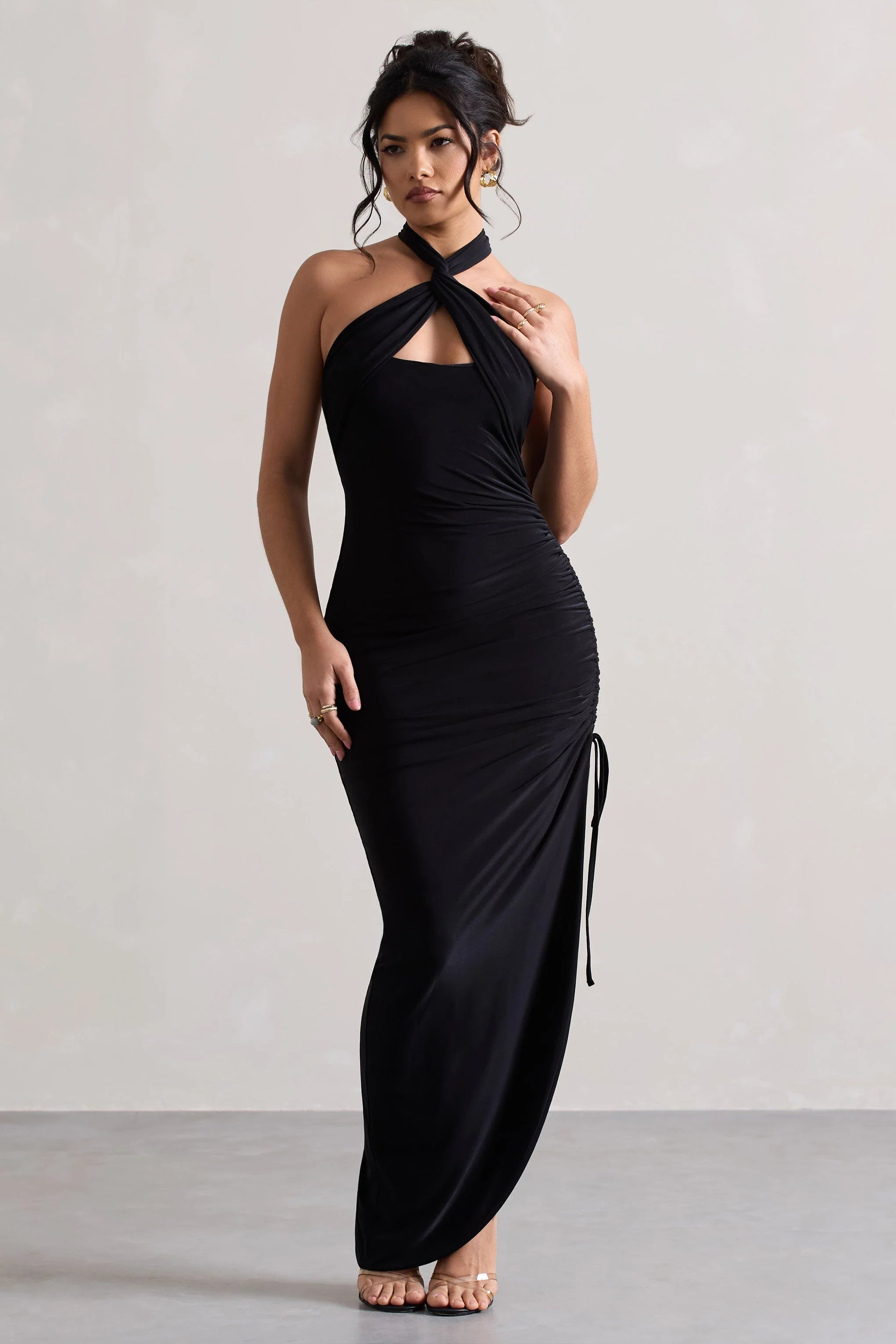 Jaiya | Black Ruched Halter-Neck Asymmetric Maxi