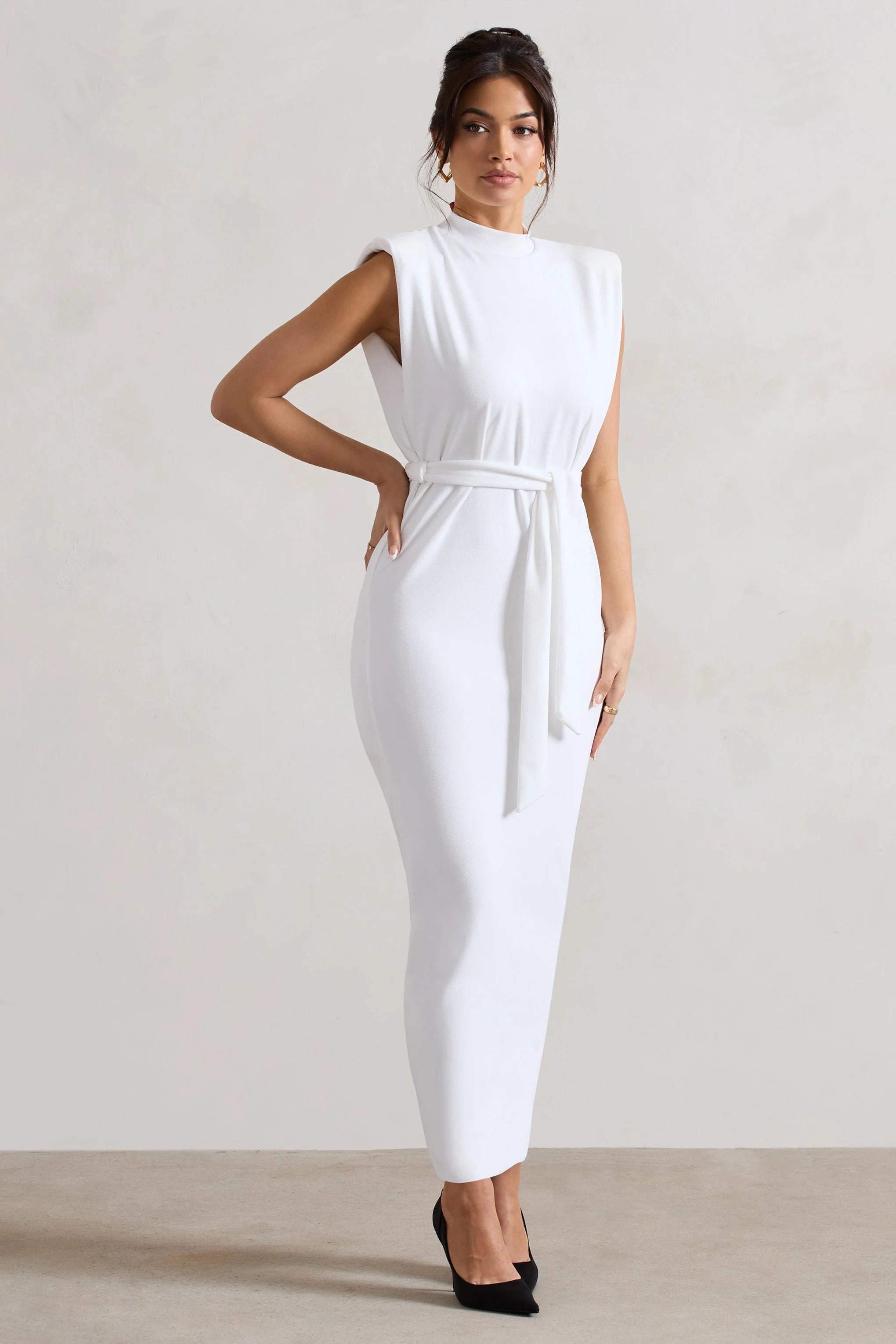 Abbie | Ecru High-Neck Maxi Dress With Tie Waist