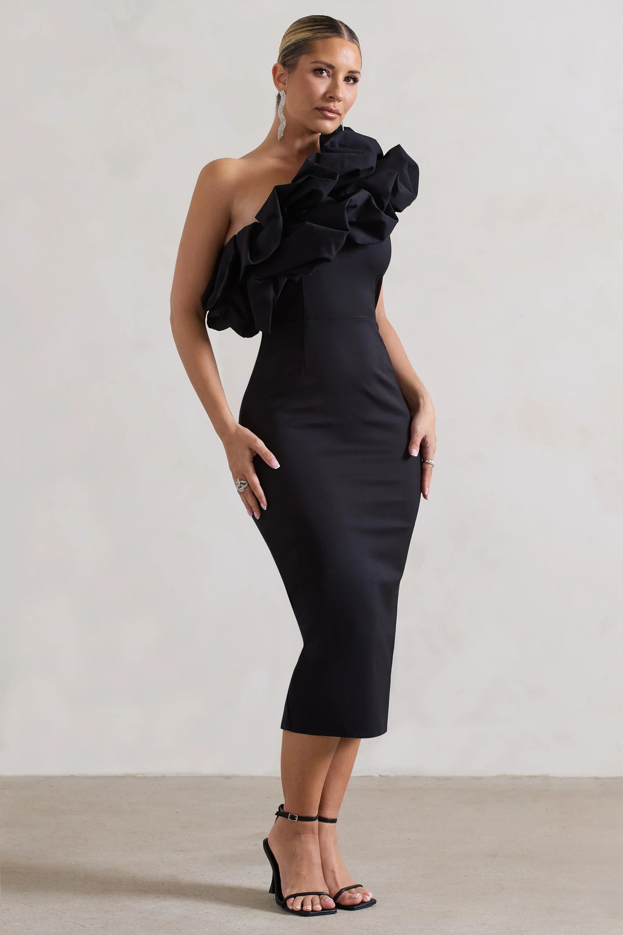 Orchestra | Black Asymmetric Ruffled Midi Dress