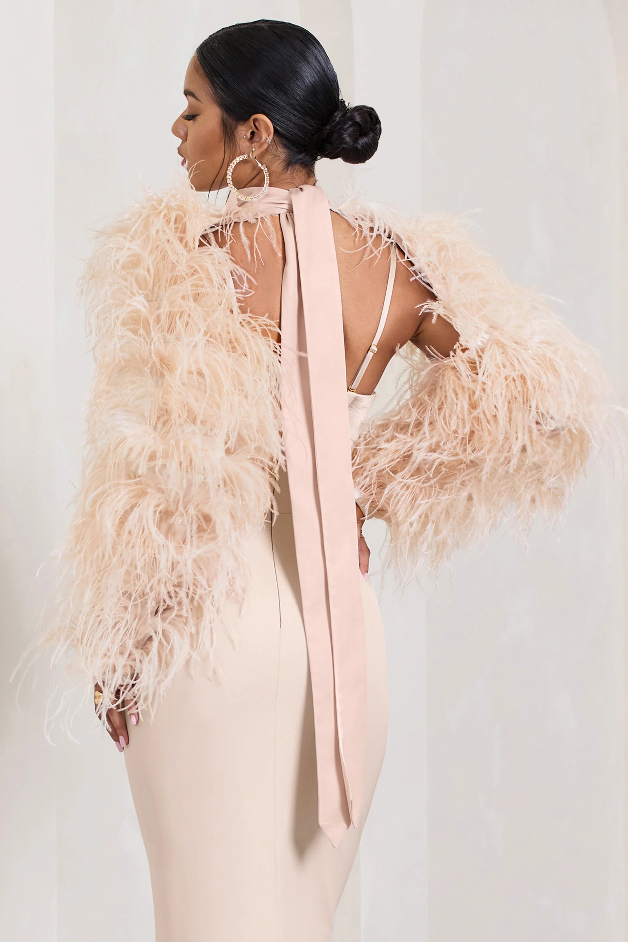 Wild | Champagne Satin Jacket With Long Feather Sleeves