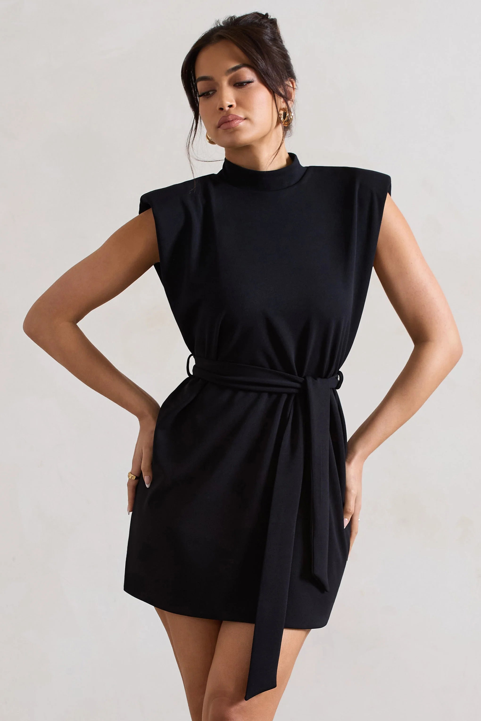 Asher | Black High-Neck Mini Dress With Tie Waist