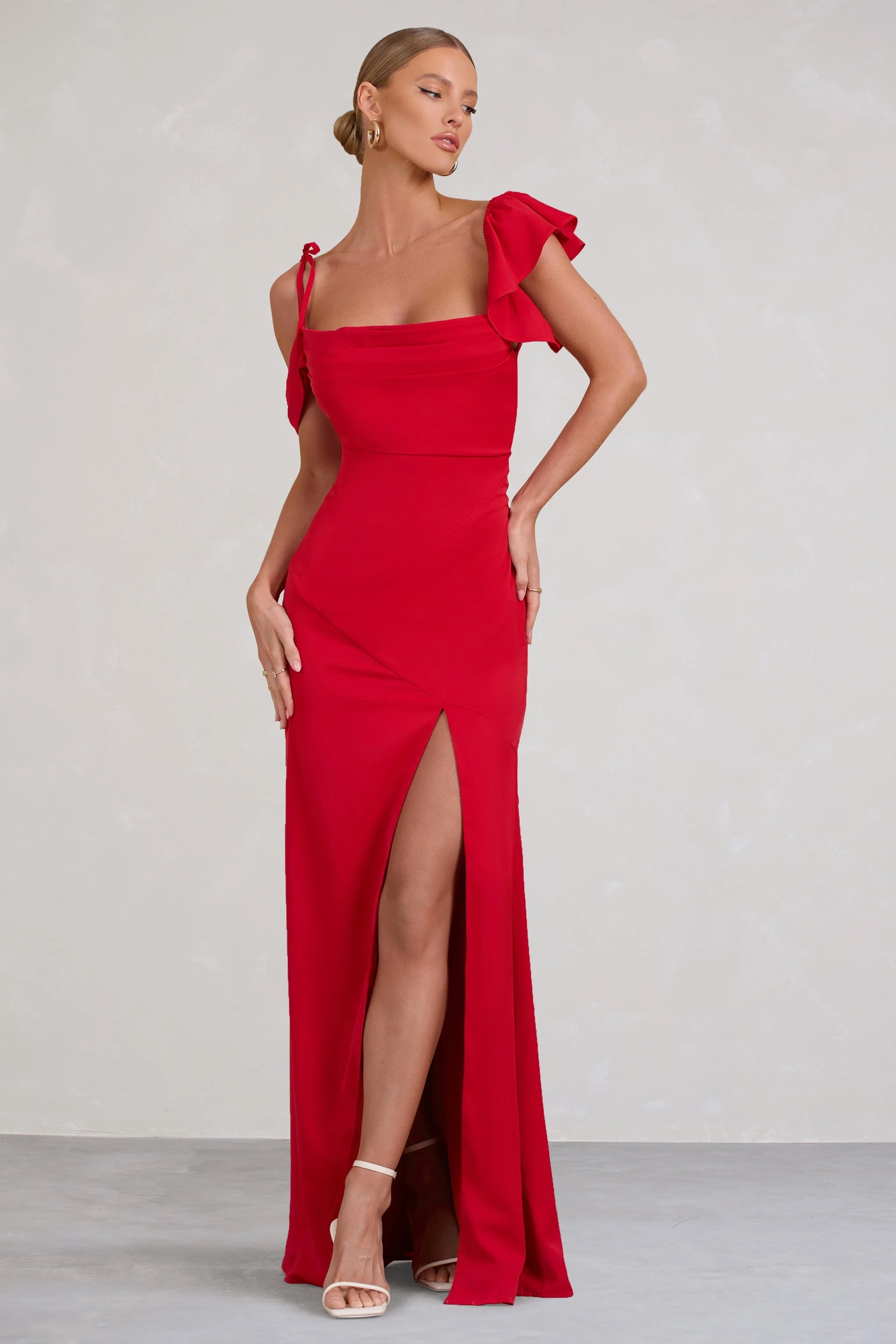 Merlot | Red Asymmetric Draped Split Maxi Dress