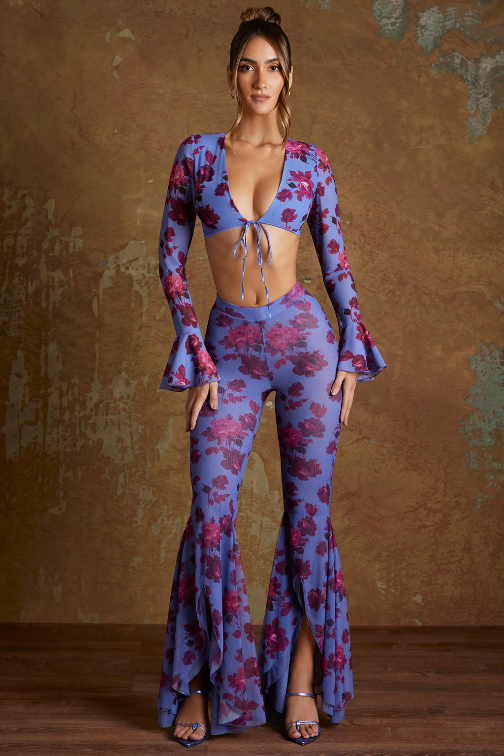 Petite Split Flare Ruffle Trousers in Periwinkle Print