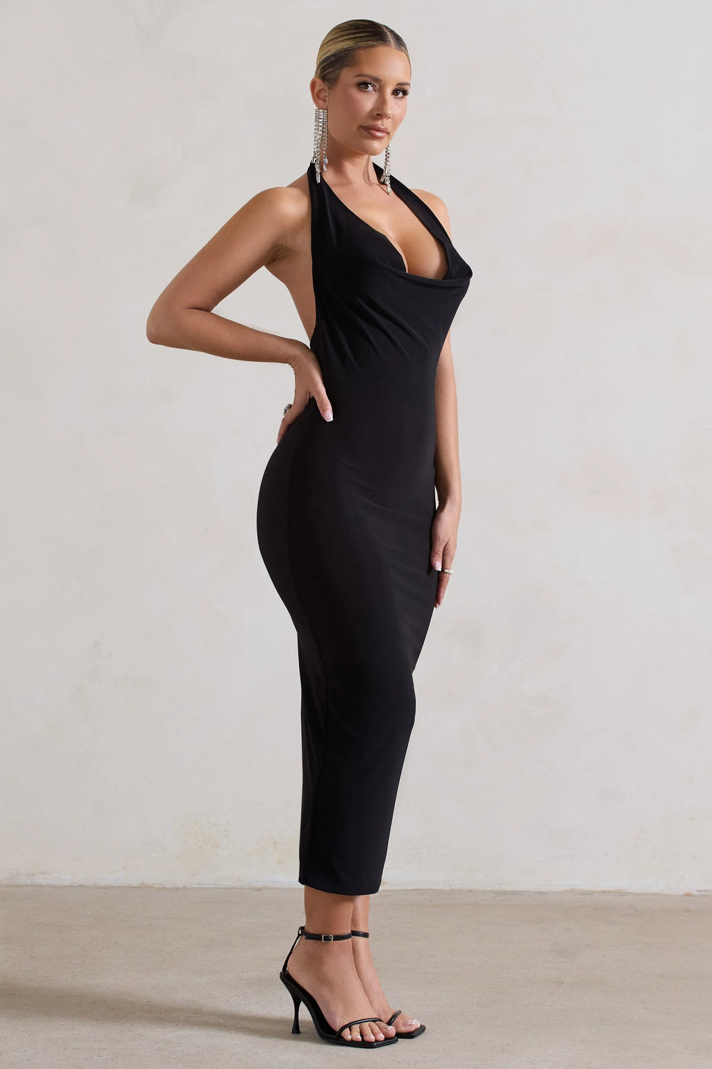 Roulette | Black Cowl-Neck Midi Dress
