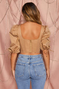 Little Too Lace Puff Sleeve Corset Crop Top in Tan