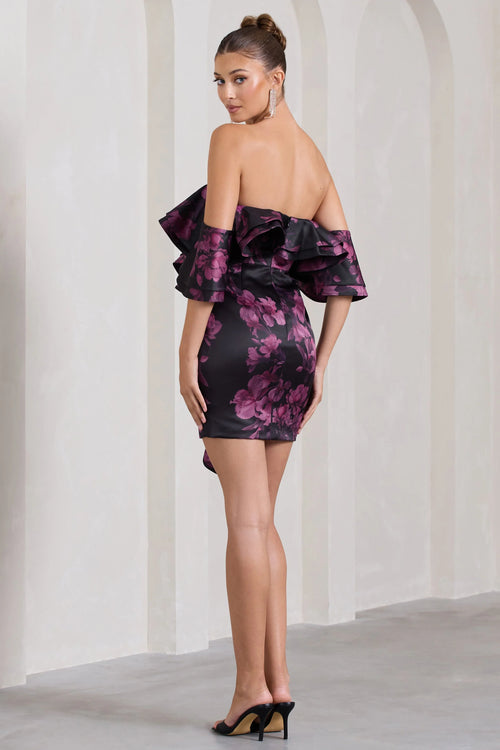 Aspen | Black Floral Print Bardot Mini Dress With Ruffles
