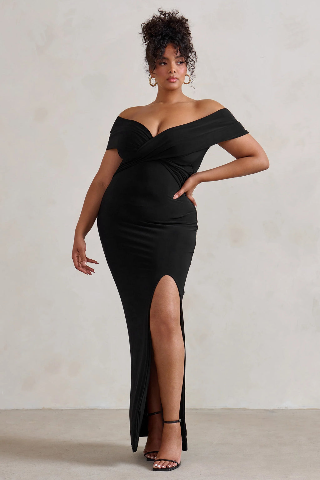 Refined | Black Twist Front Bardot Maxi Dress