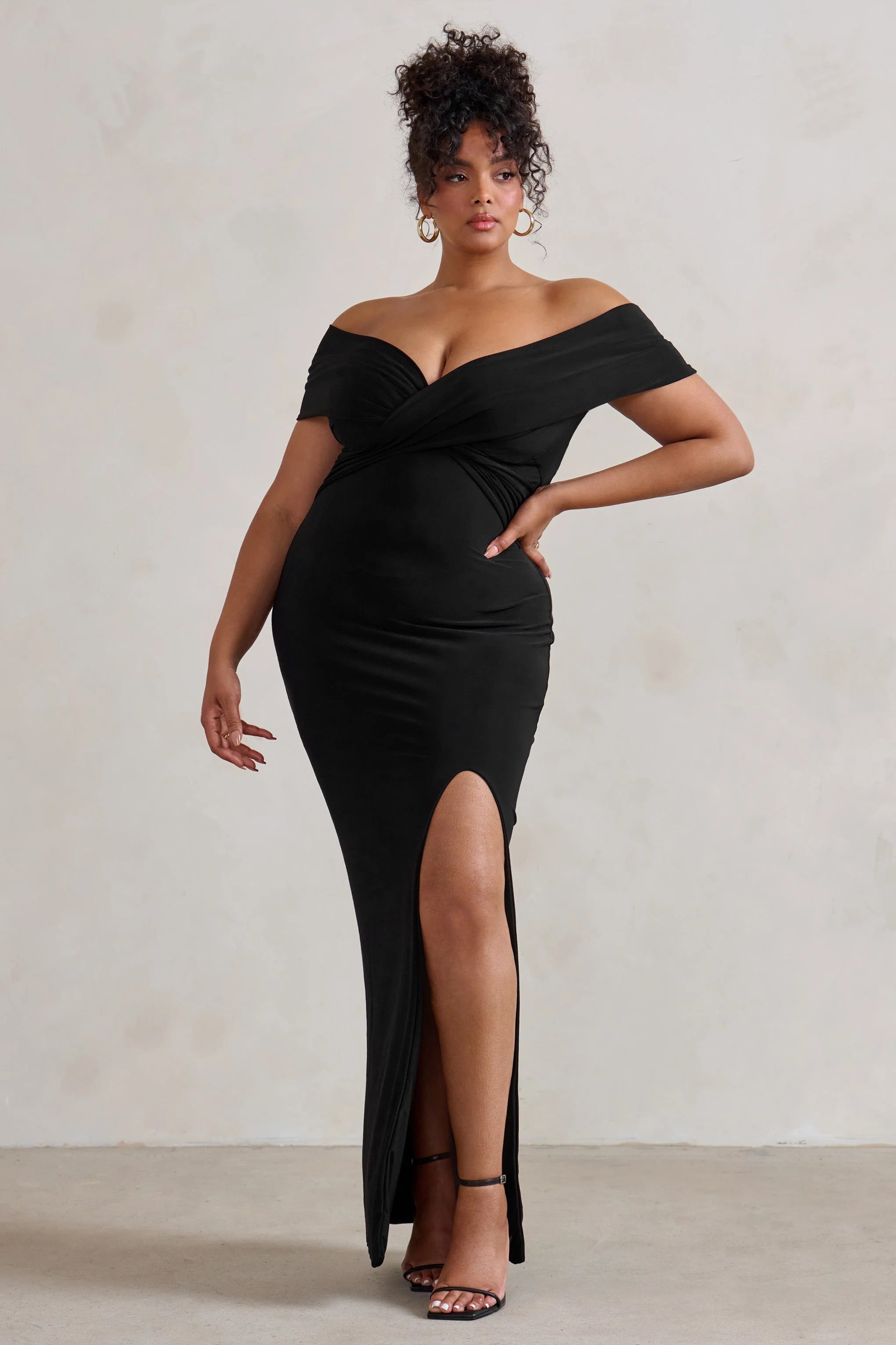 Refined | Black Twist Front Bardot Maxi Dress
