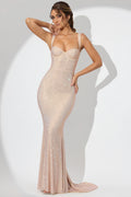 Embellished Corset Fishtail Evening Gown in Champagne