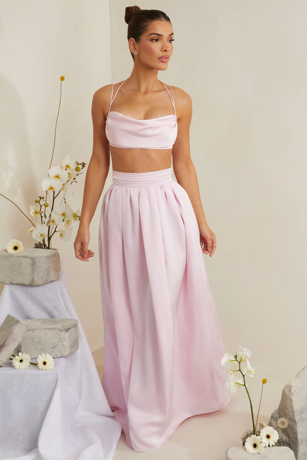 Pleated Heavy Satin Maxi Skirt in Pink