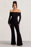 Whisper | Black Ruched Mesh Bardot Jumpsuit