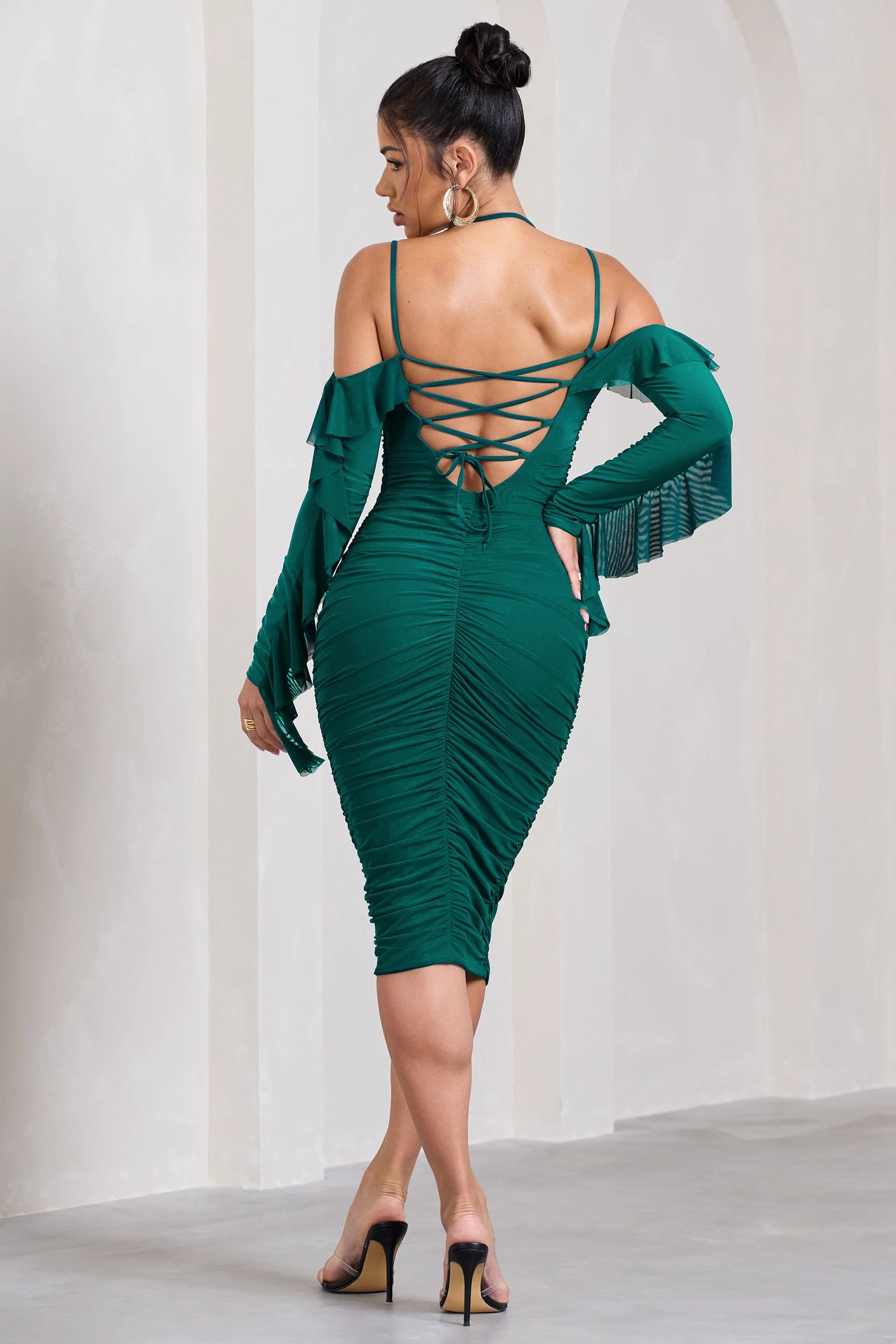 Quinn | Bottle Green Ruched Strappy Long-Sleeved Midi Dress With Ruffles