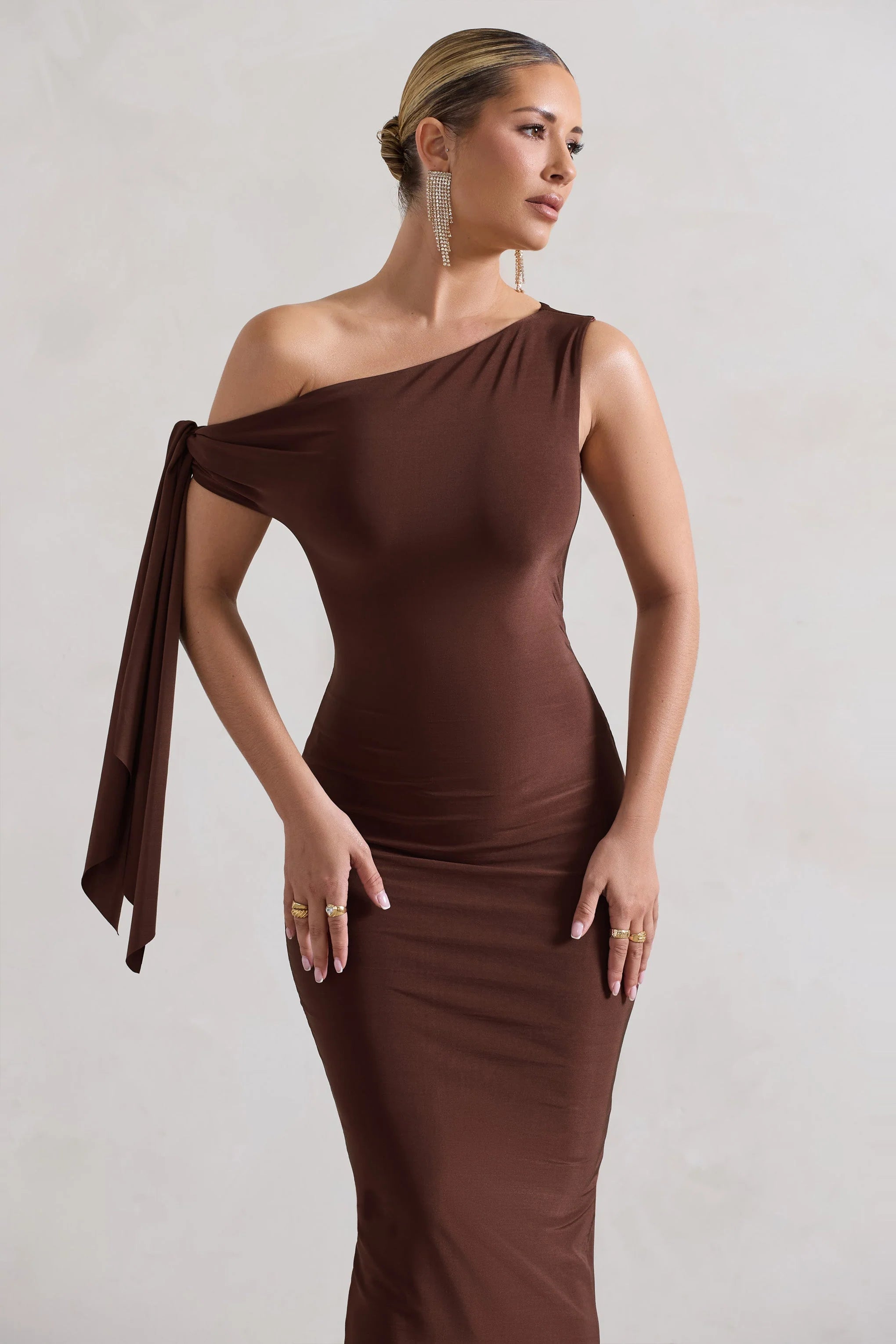 Adapt | Chocolate Brown Asymmetric Midi Dress With Tie Sleeve