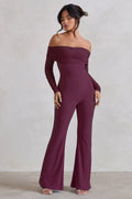 Whisper | Burgundy Ruched Mesh Bardot Jumpsuit