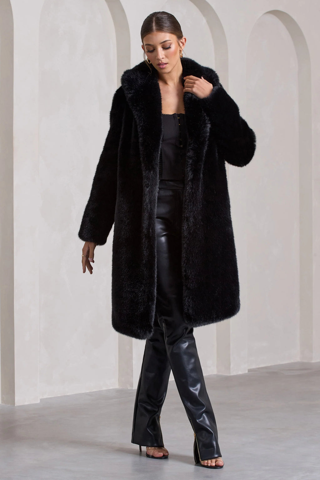 Slopeside | Black Long Belted Faux Fur Coat