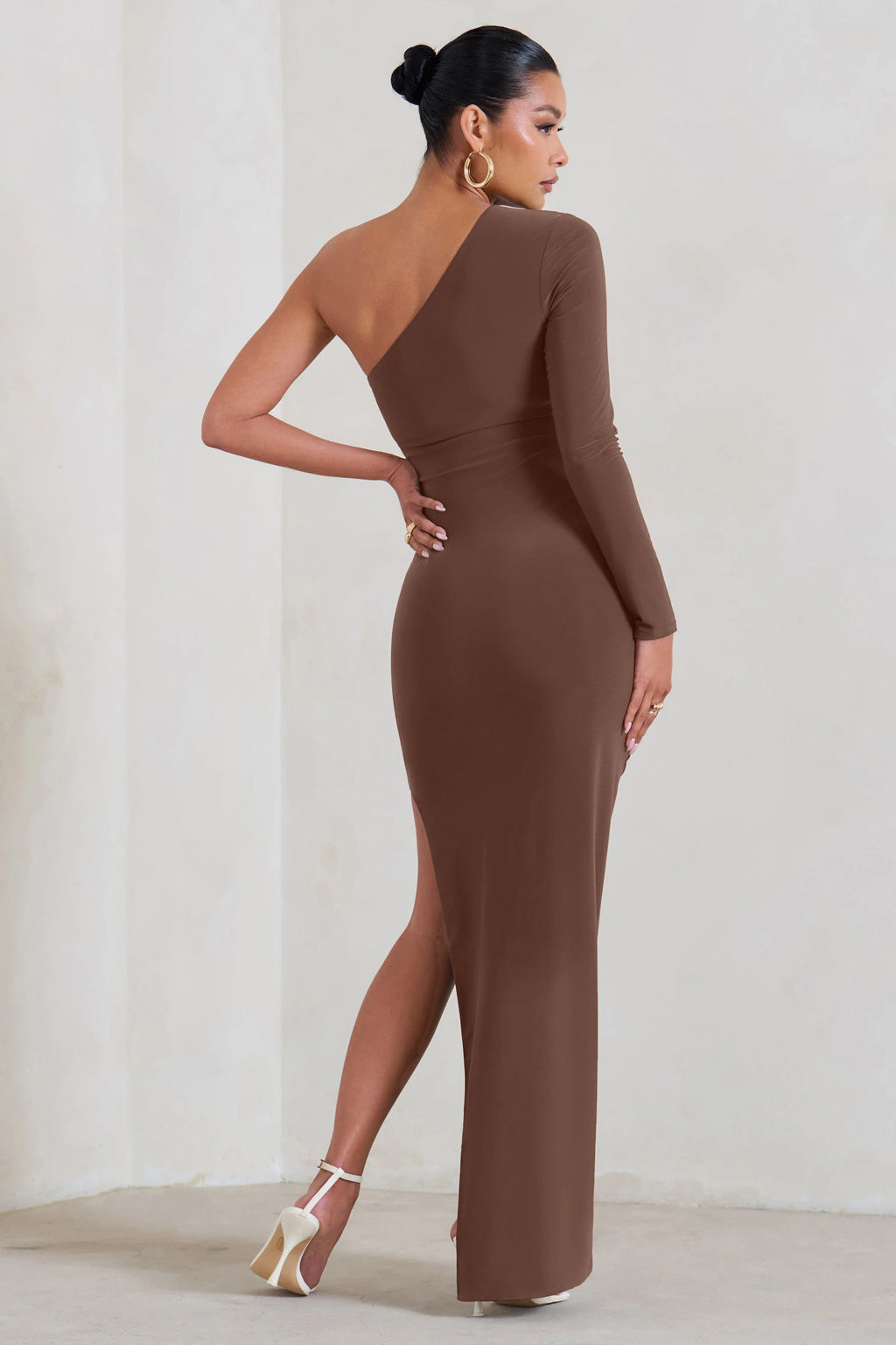 Paloma | Brown Maternity One Sleeve Asymmetric Maxi Dress