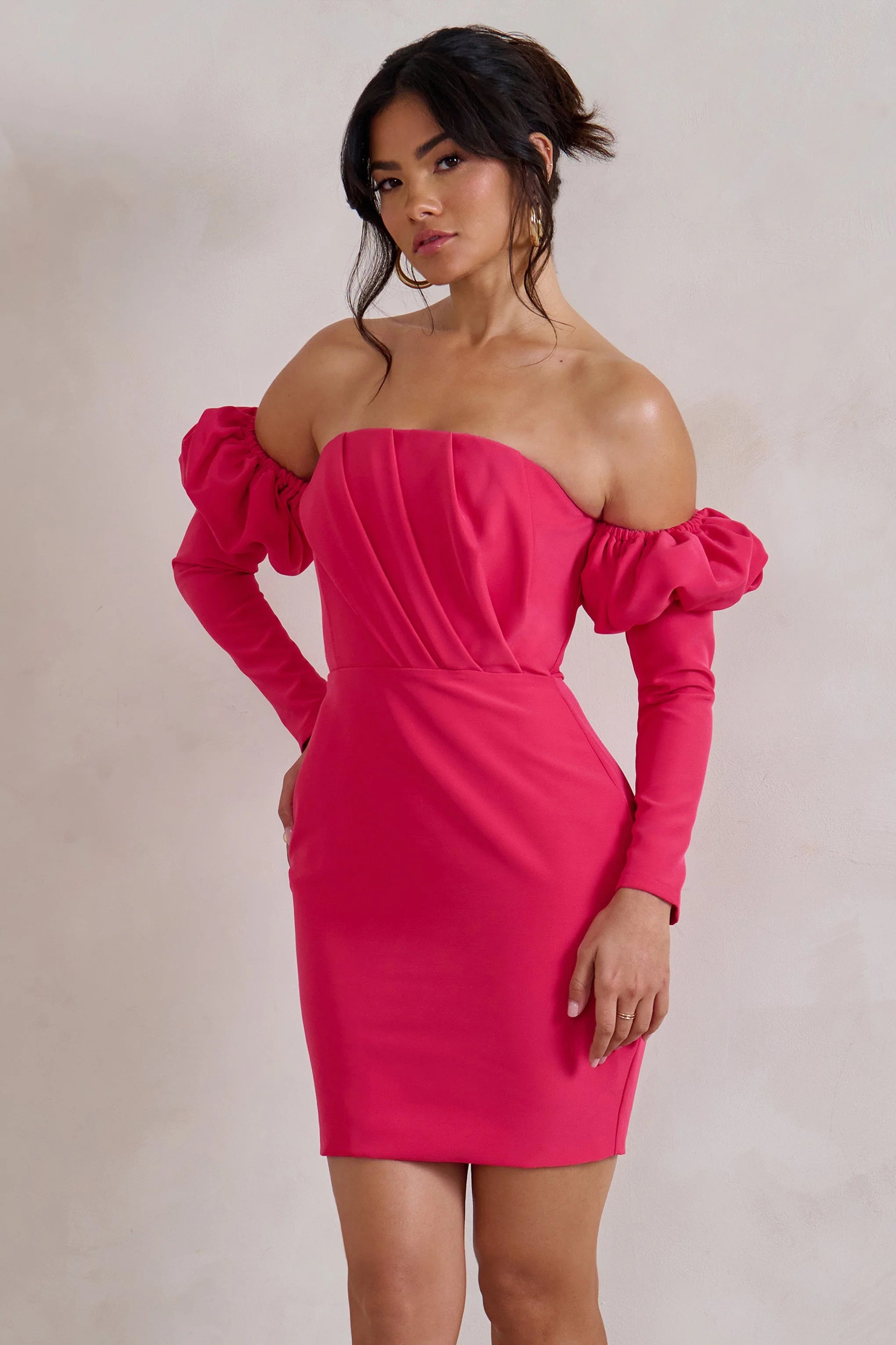 Laurie | Hot Pink Bardot Puff  Long Sleeve Mini Dress