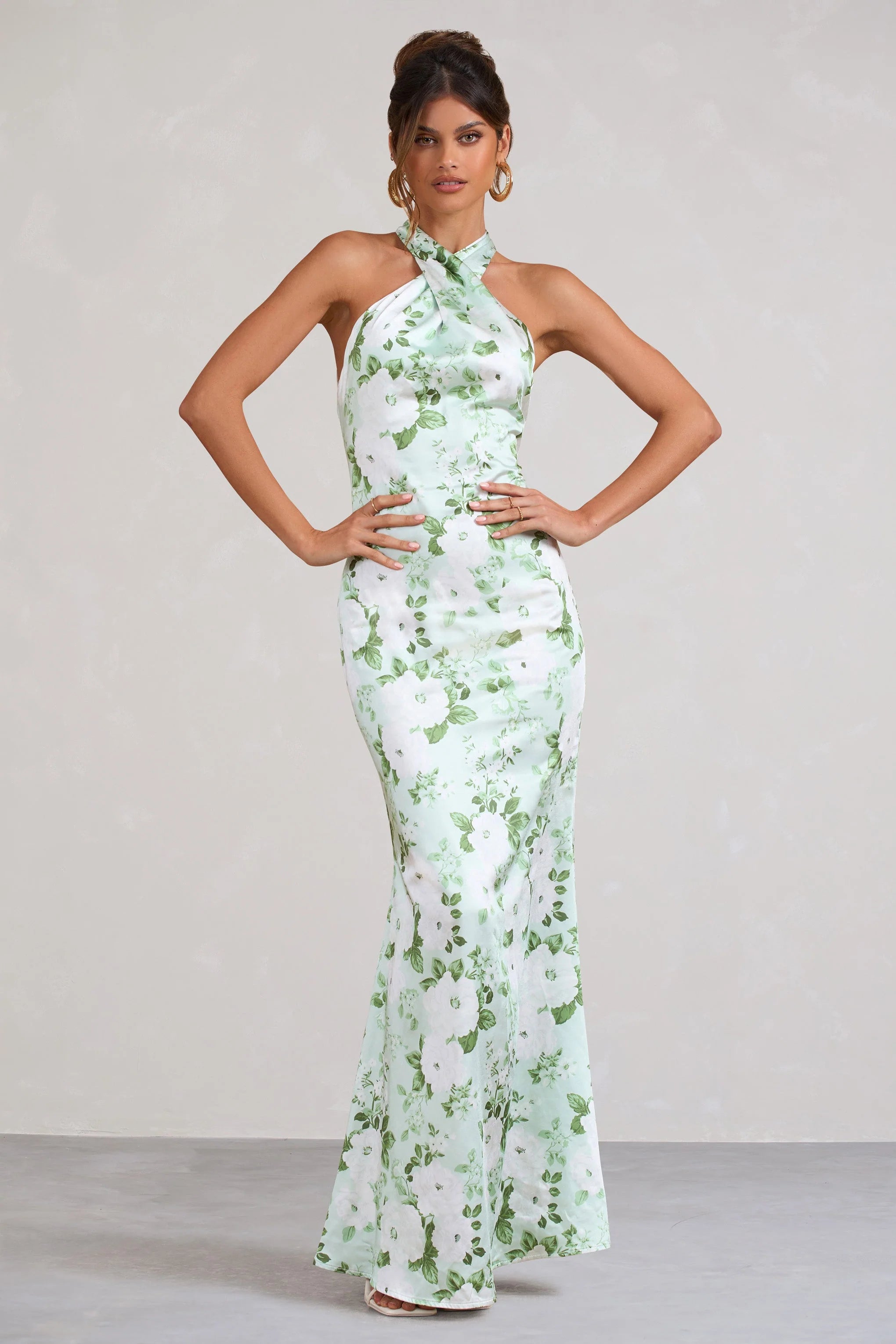 Unstoppable | Green Floral Print Satin Cross Over Halter Neck Maxi Dress
