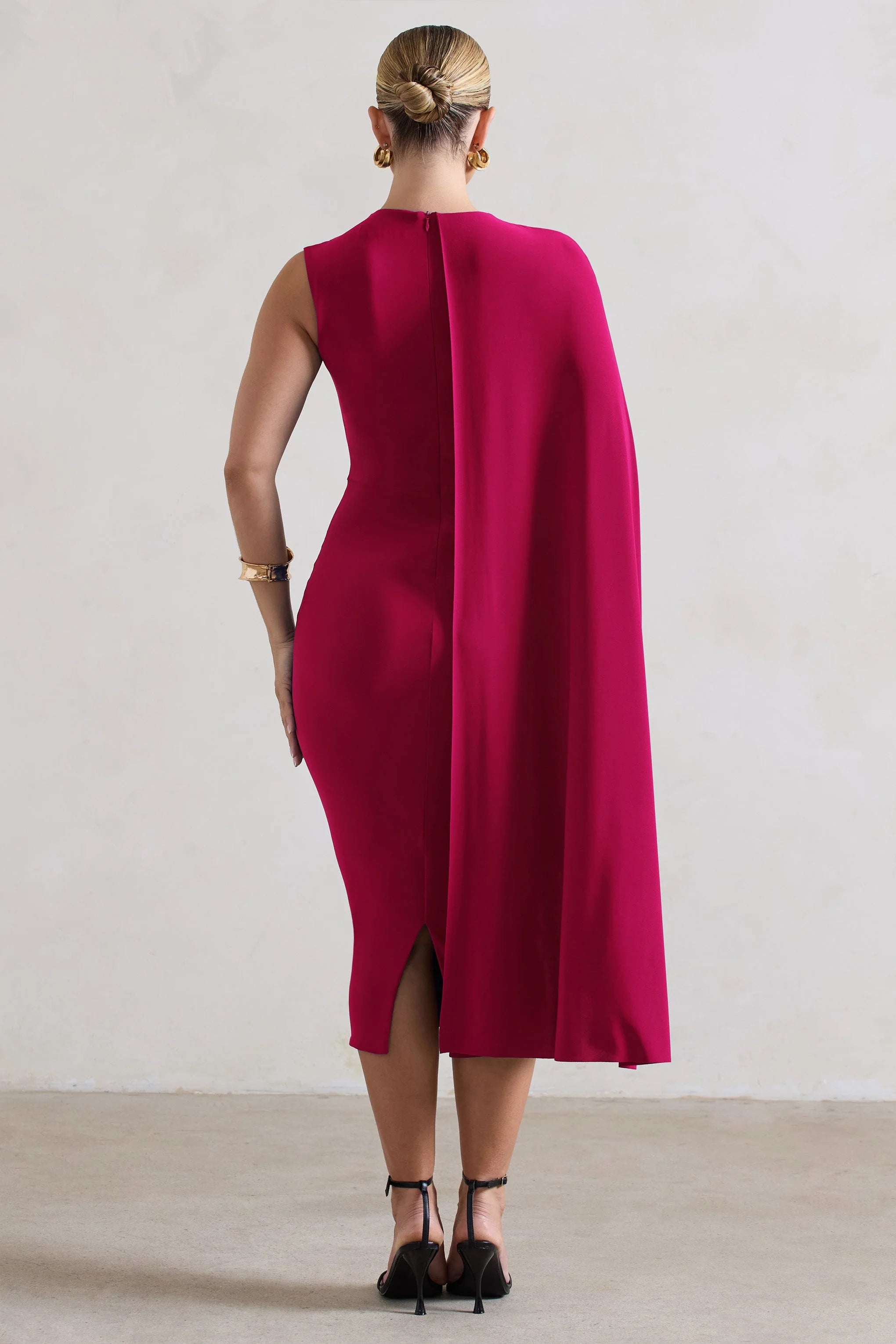Reveal | Dark Pink One-Sleeve Cape Midi Dress