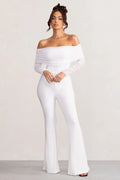 Whisper | White Ruched Mesh Bardot Jumpsuit