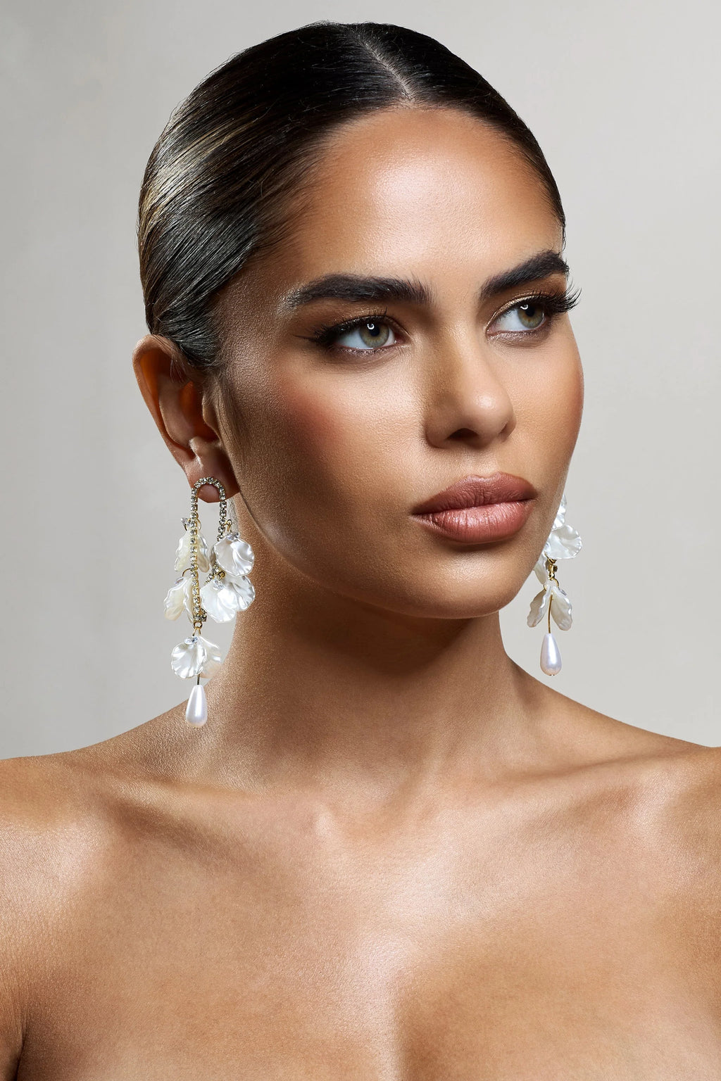 Lavinie | Gold Diamante Pearl Petal Dangle Earrings