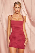 Drop Me A Line Ruched Bodycon Mini Dress in Burgundy