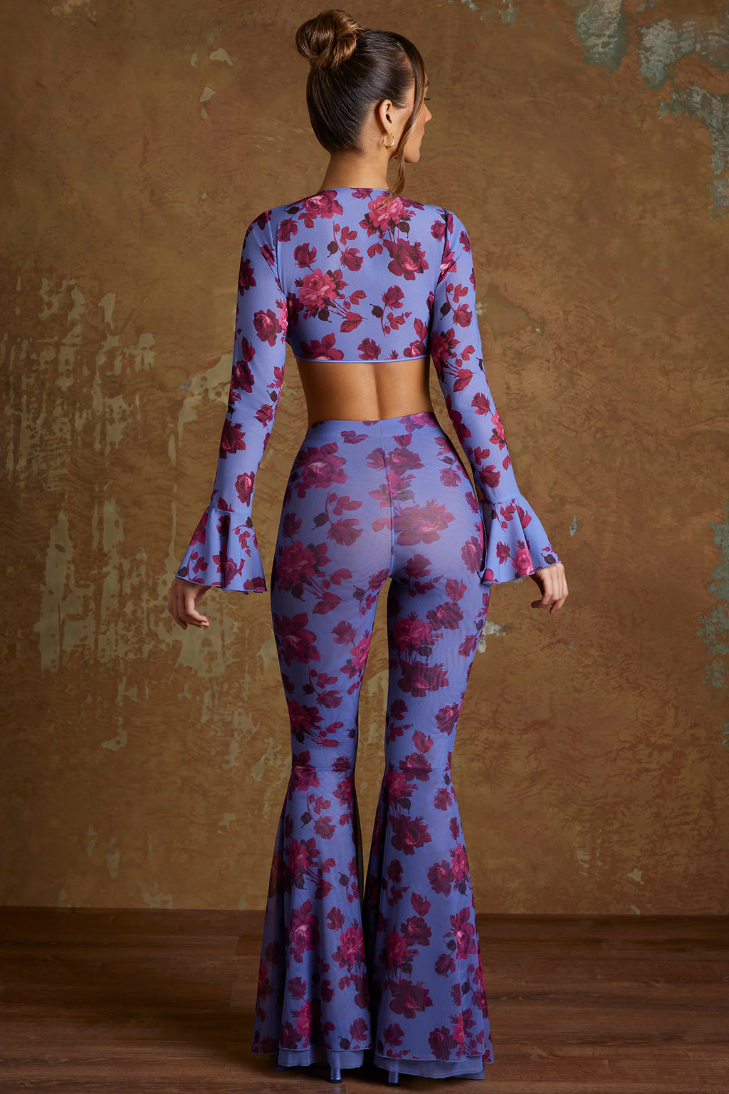 Petite Split Flare Ruffle Trousers in Periwinkle Print