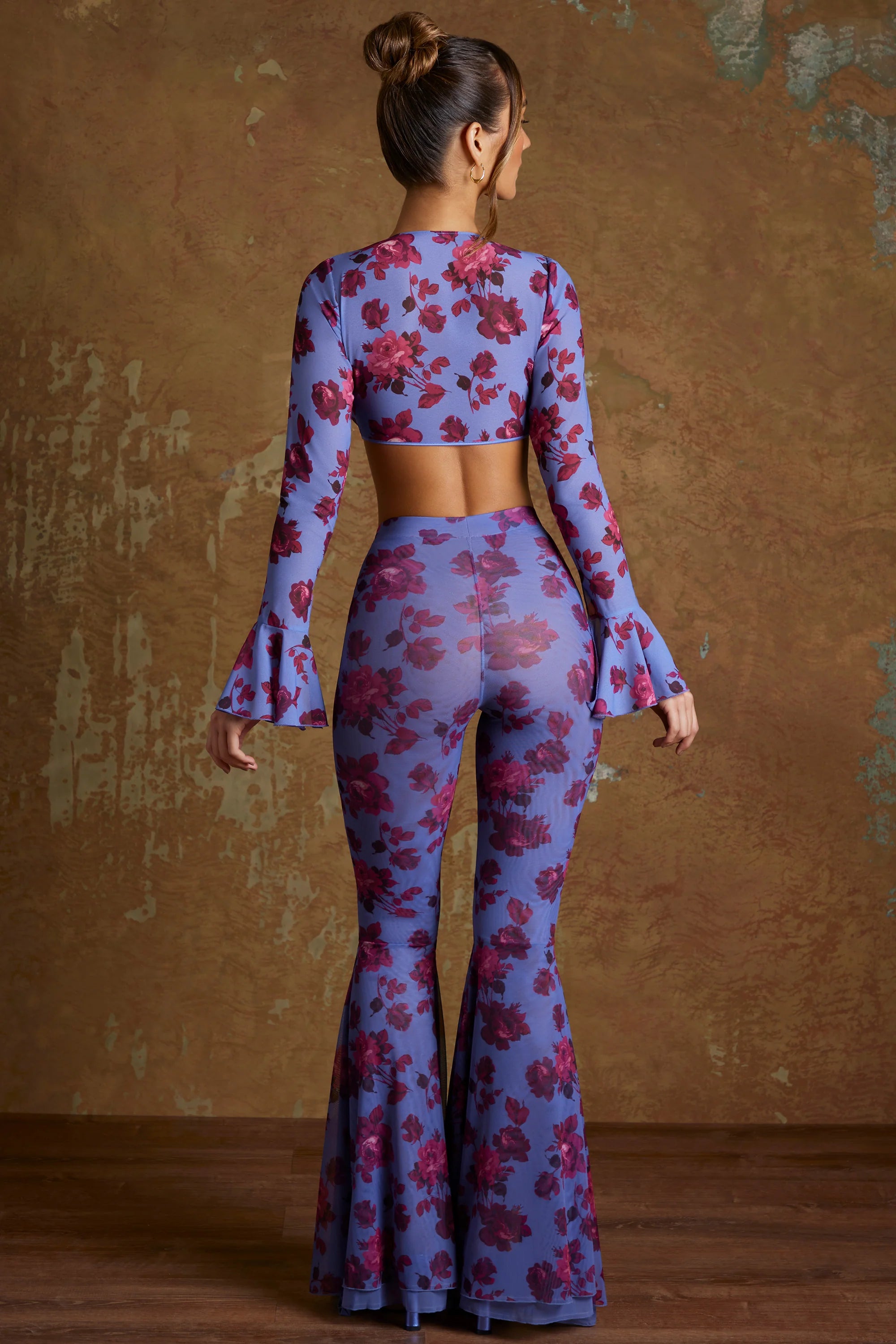 Petite Split Flare Ruffle Trousers in Periwinkle Print