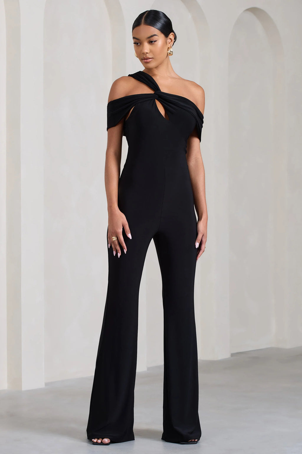 Striking | Black Strappy Asymmetric Flared-Leg Jumpsuit