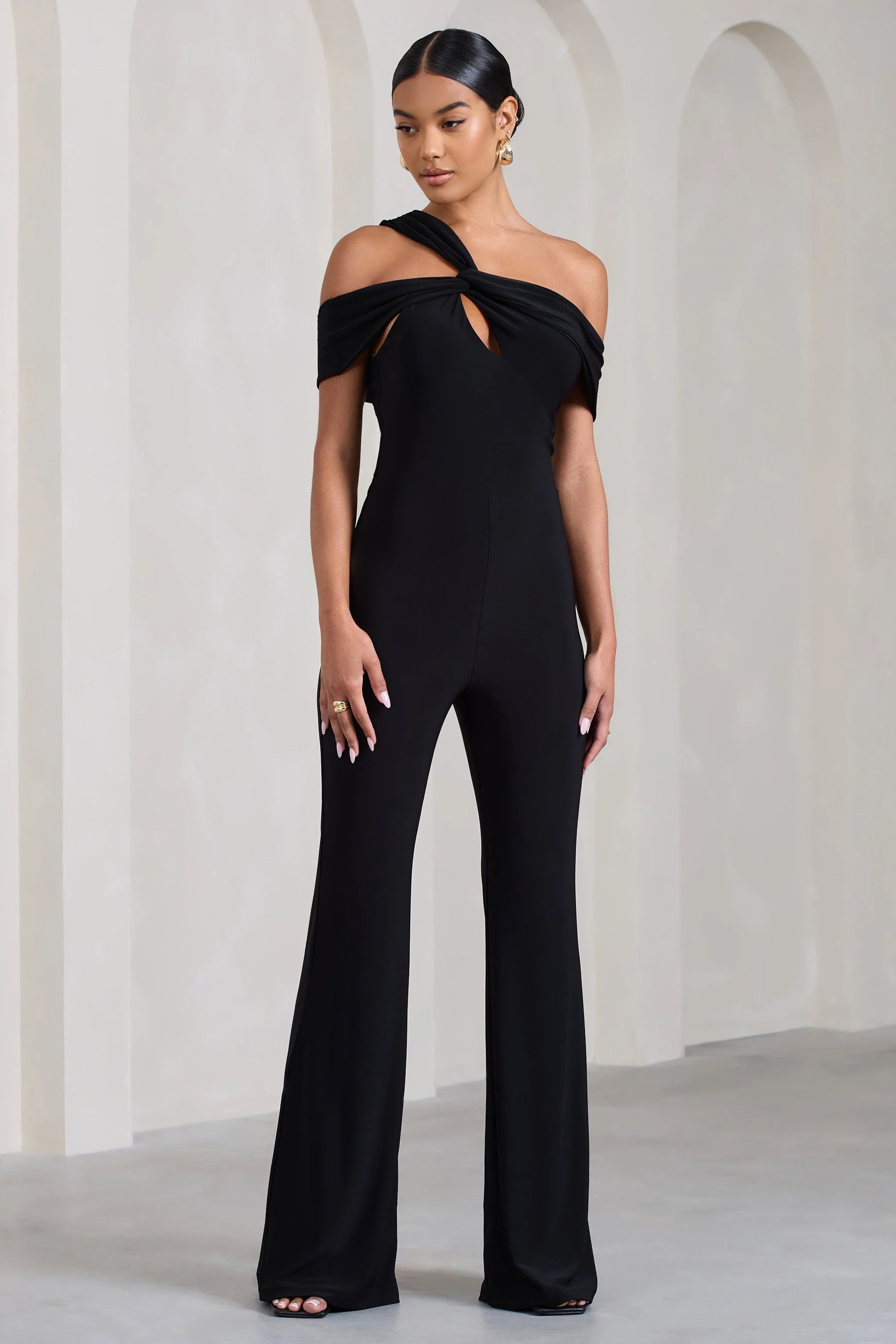 Striking | Black Strappy Asymmetric Flared-Leg Jumpsuit