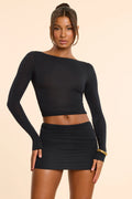 Mid Rise Ruched Modal Cashmere Blend Mini Skirt in Black