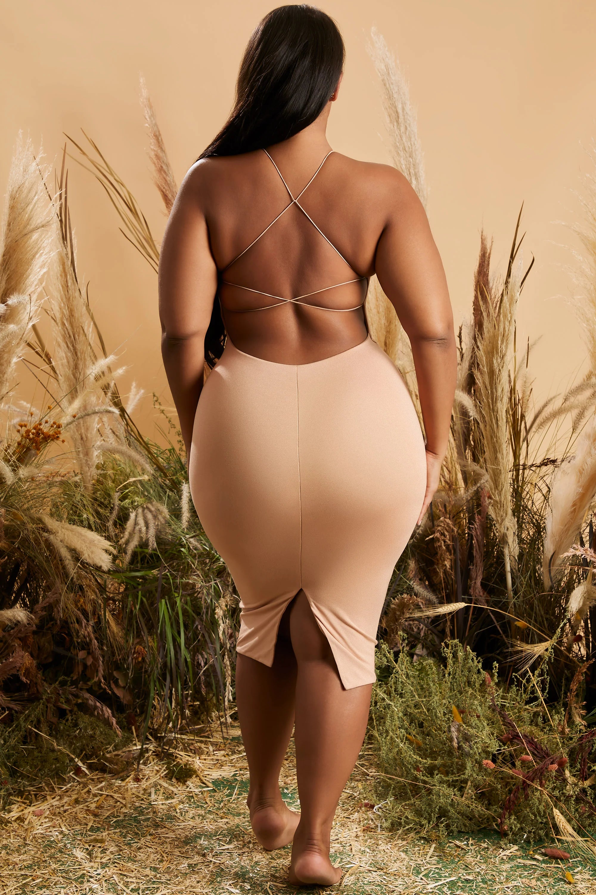 Round Neck Cross Back Midi Dress in Tan